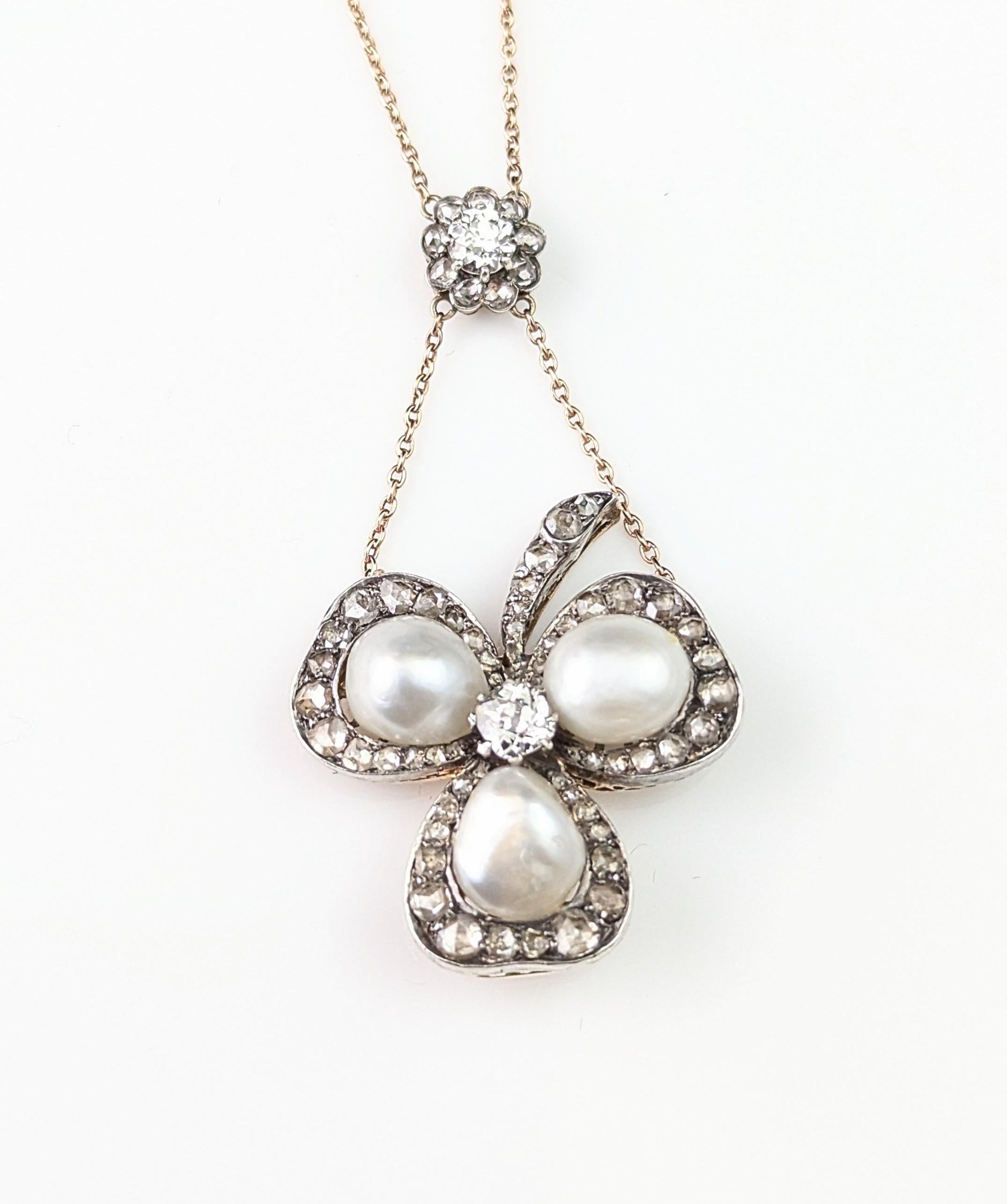 Antique Pearl and Diamond Shamrock pendant necklace, Brooch For Sale 8