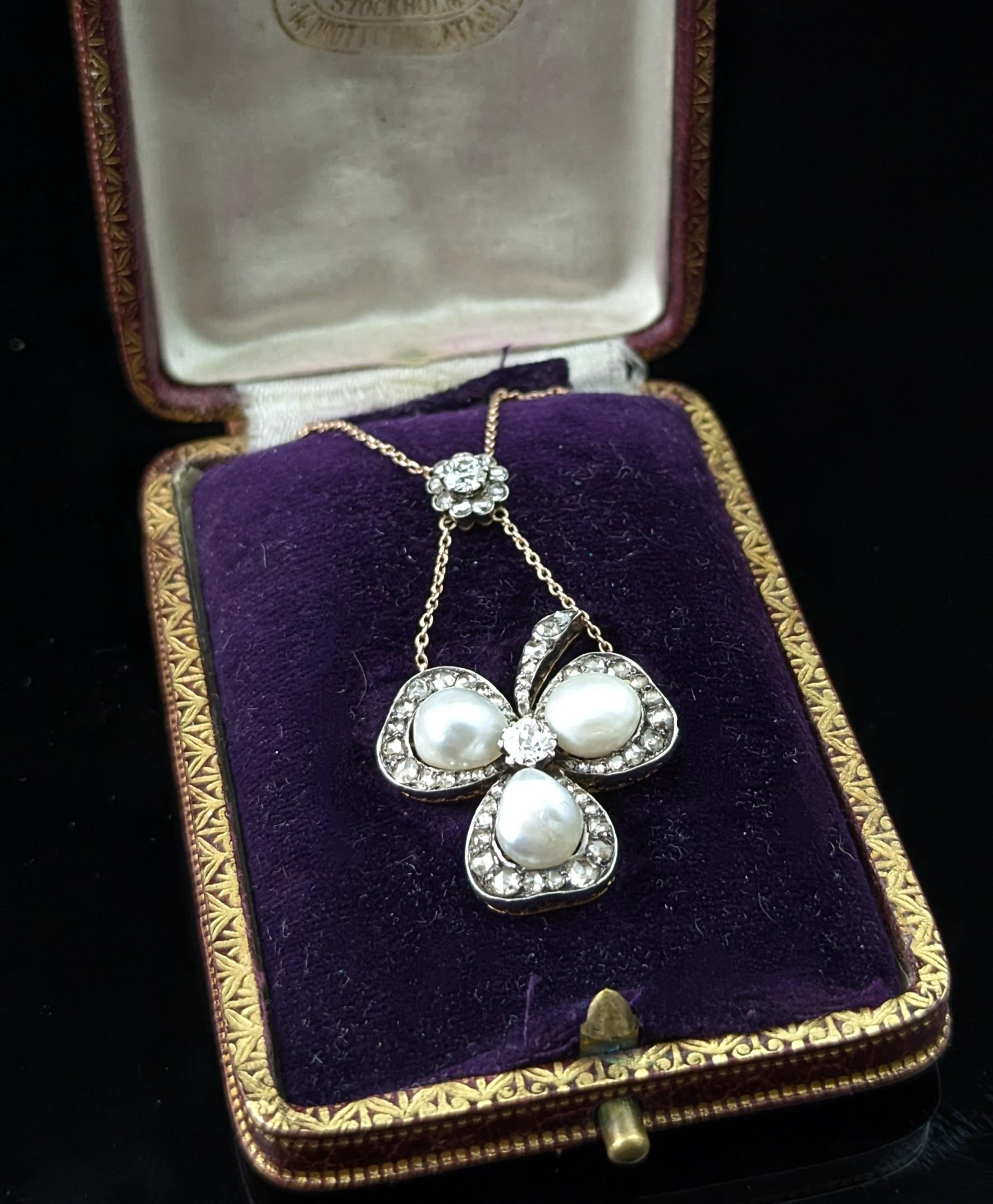 Victorian Antique Pearl and Diamond Shamrock pendant necklace, Brooch For Sale