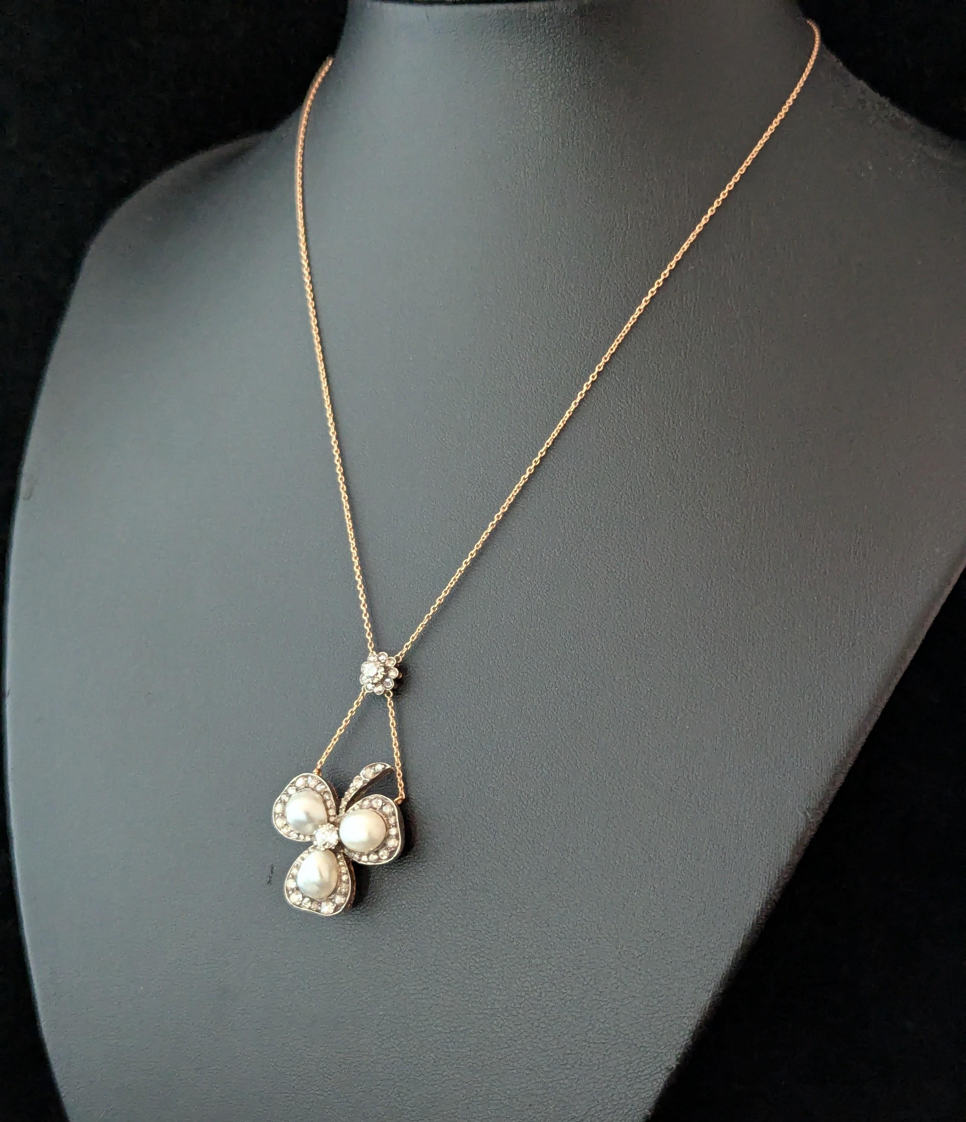 Cabochon Antique Pearl and Diamond Shamrock pendant necklace, Brooch For Sale