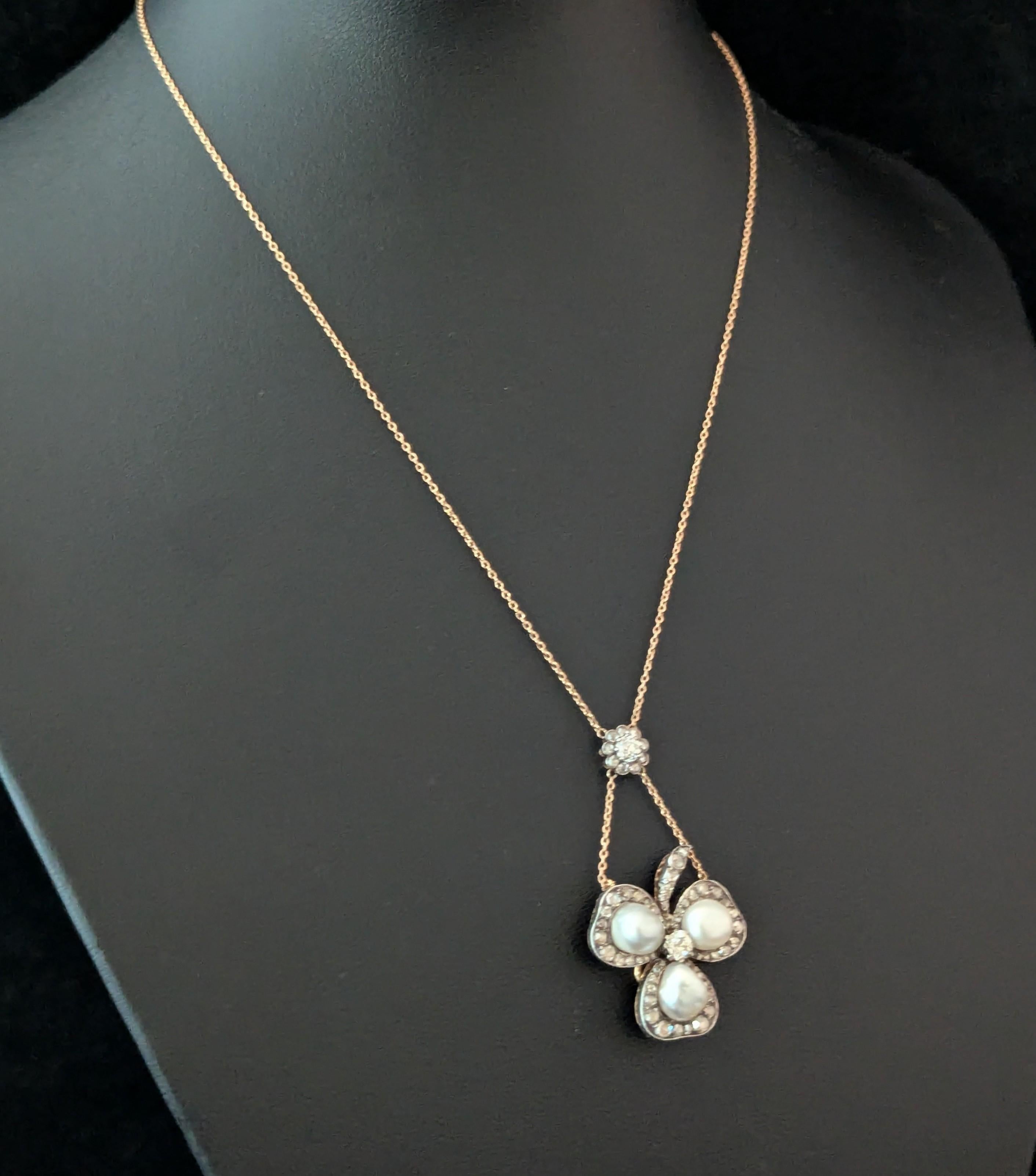 Women's Antique Pearl and Diamond Shamrock pendant necklace, Brooch For Sale