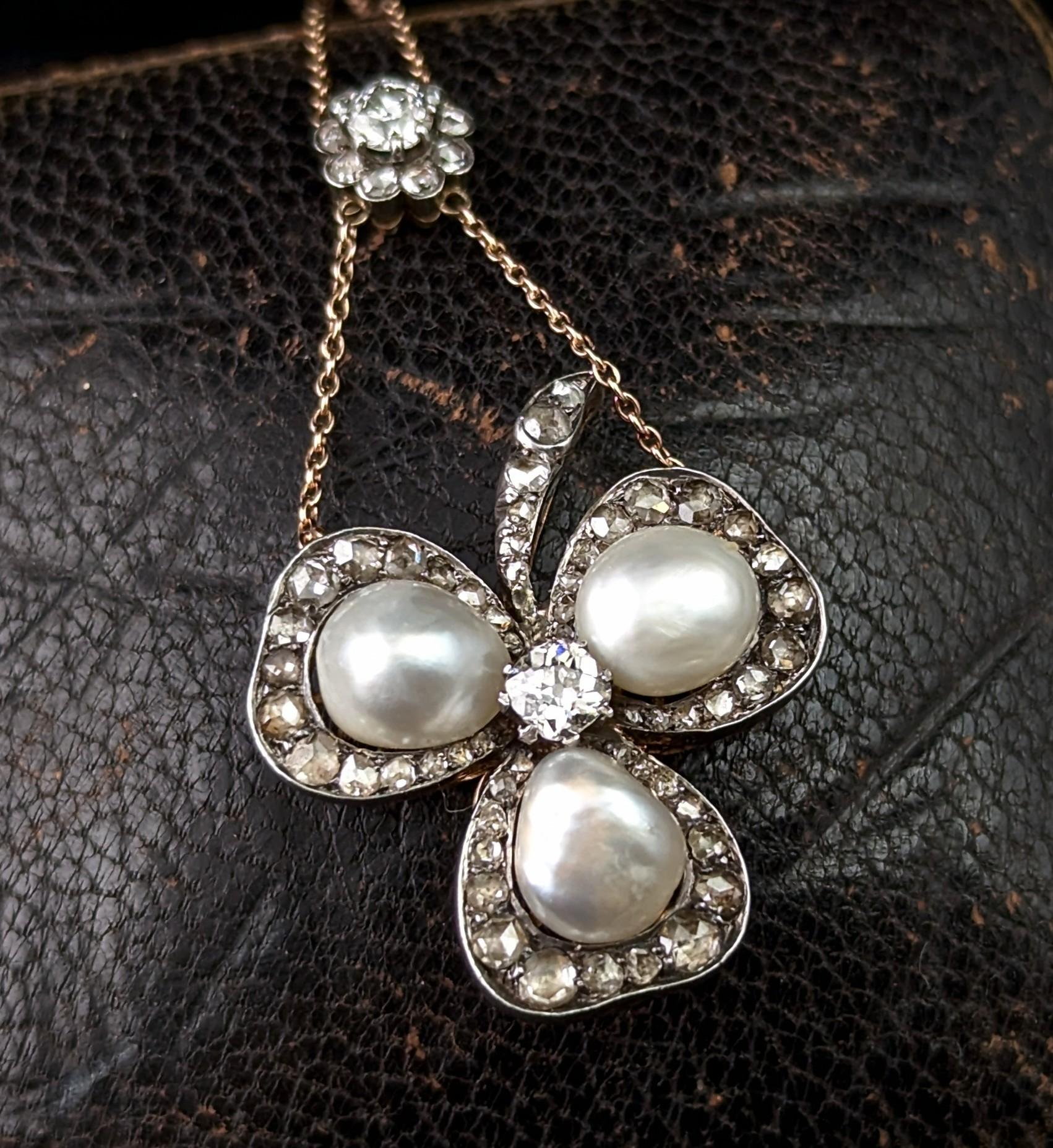 Antique Pearl and Diamond Shamrock pendant necklace, Brooch For Sale 1