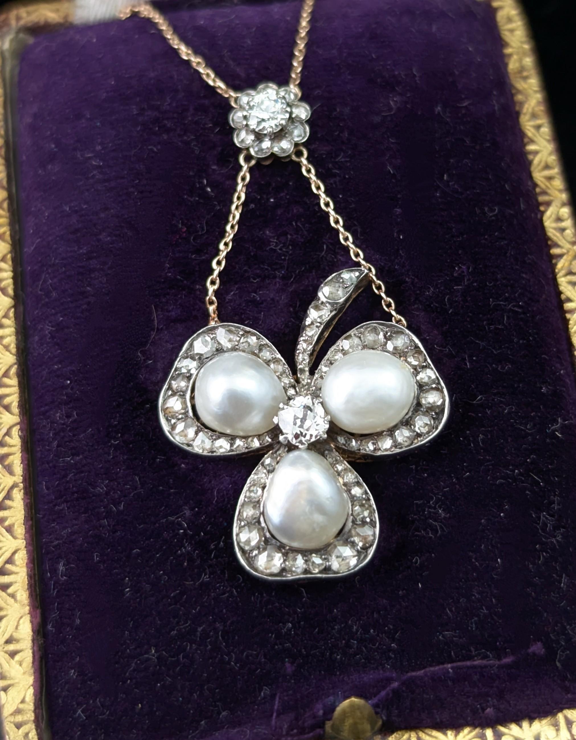Antique Pearl and Diamond Shamrock pendant necklace, Brooch For Sale 2