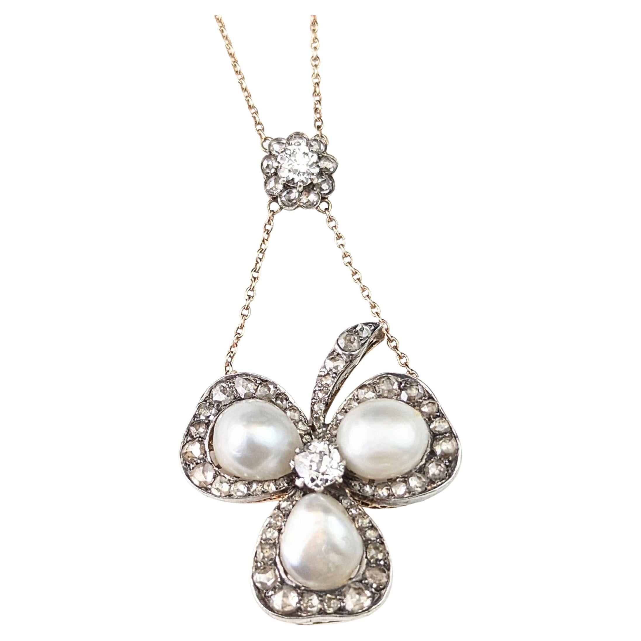 Antique Pearl and Diamond Shamrock pendant necklace, Brooch
