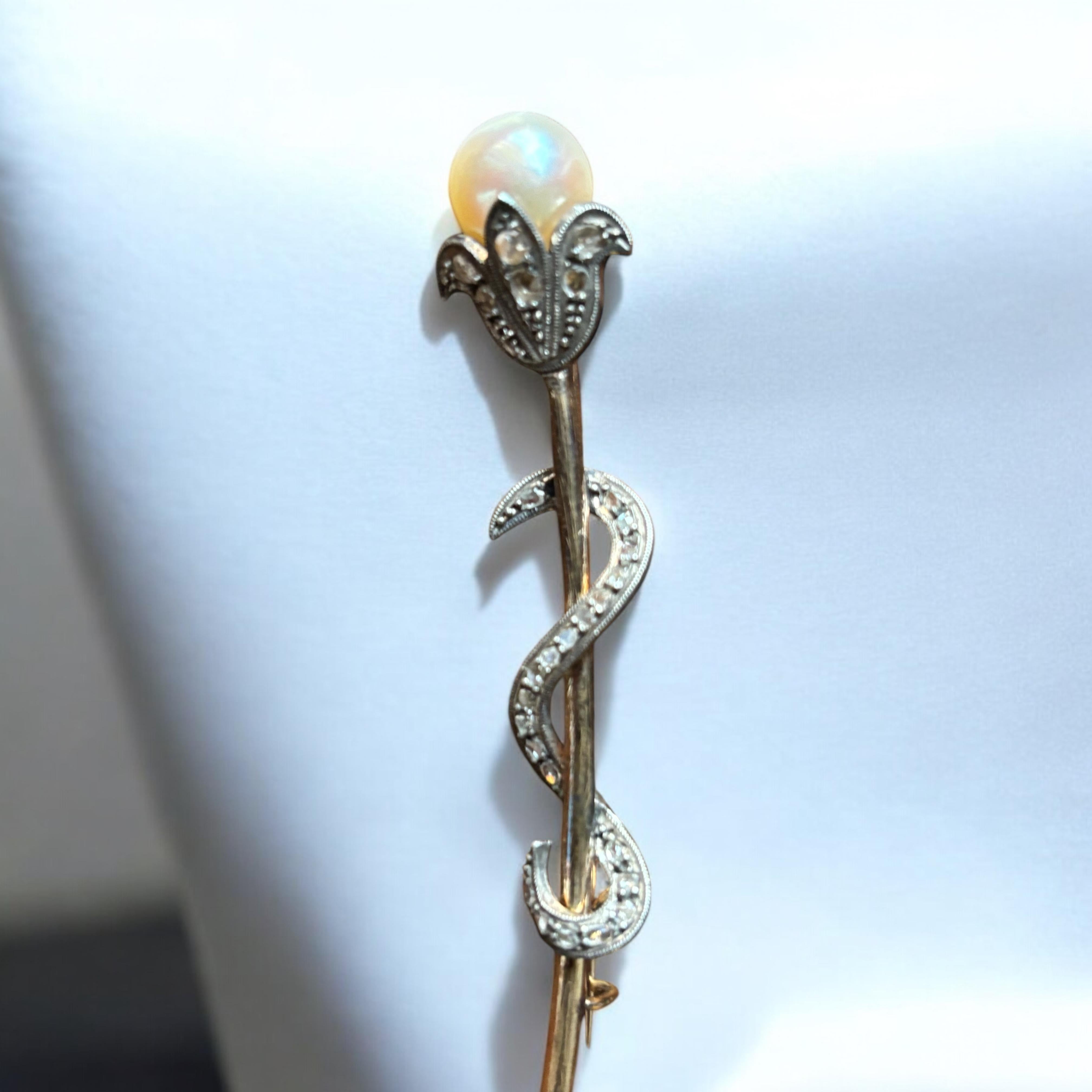 Women's or Men's Antique Victorian Pearl and Diamond Flower Head, Snake Brooch. Circa 1890–1910 For Sale