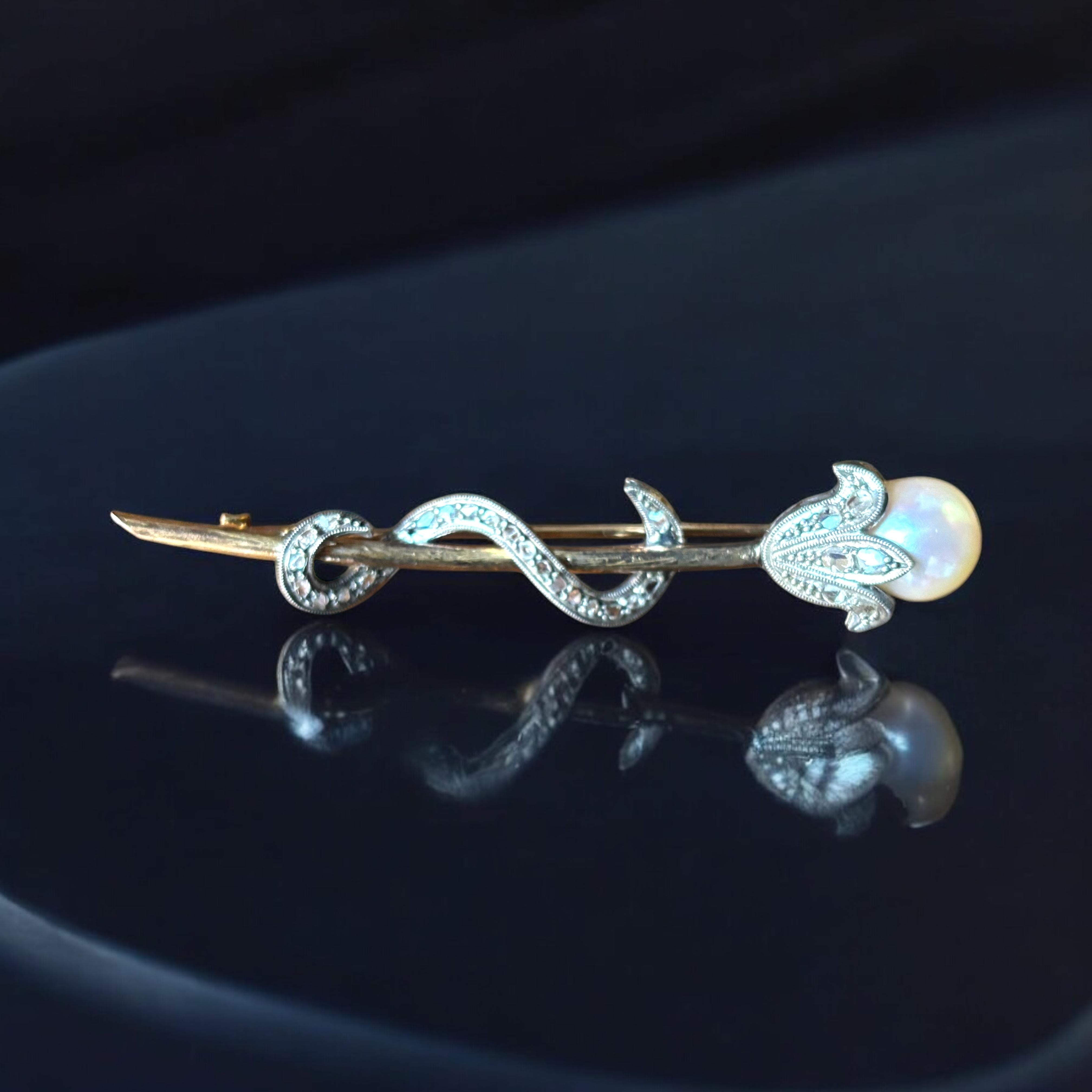 Antique Victorian Pearl and Diamond Flower Head, Snake Brooch. Circa 1890–1910 For Sale 1