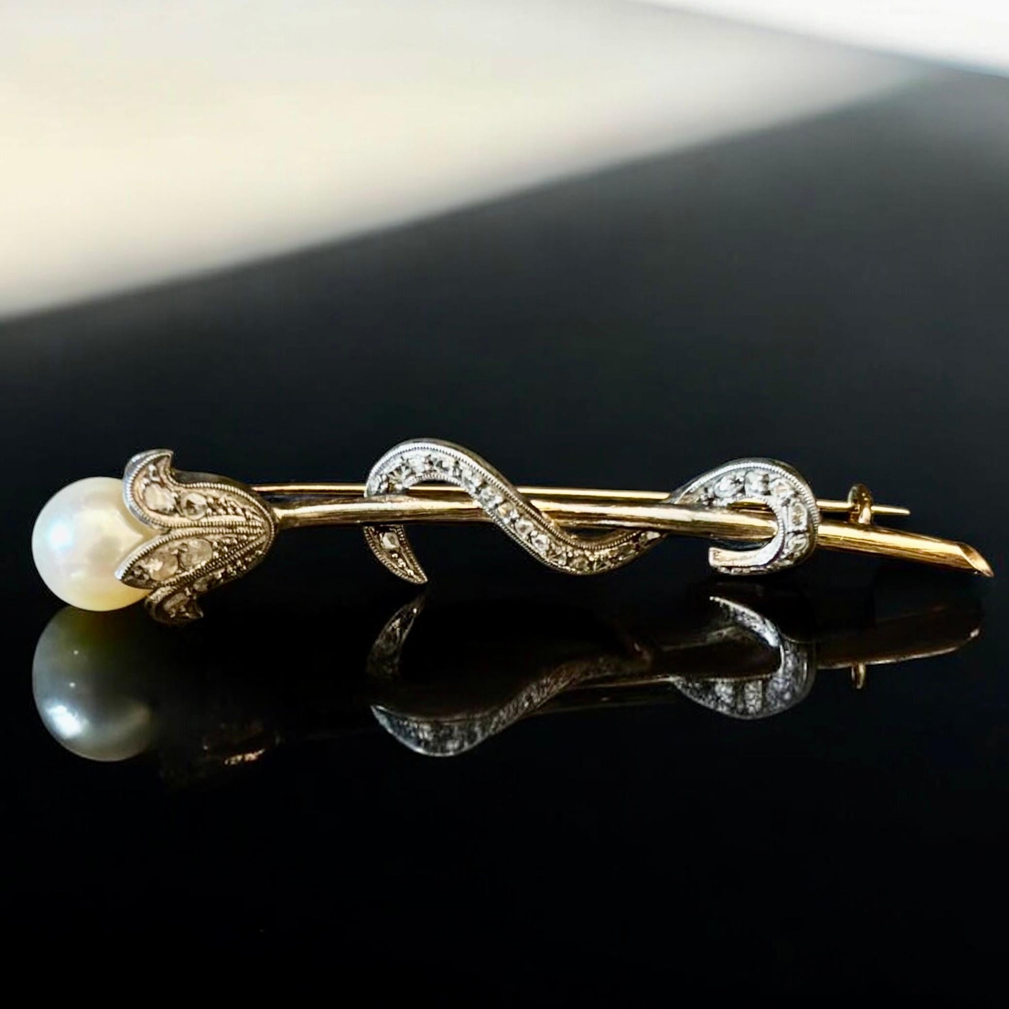 Antique Victorian Pearl and Diamond Flower Head, Snake Brooch. Circa 1890–1910 For Sale 4