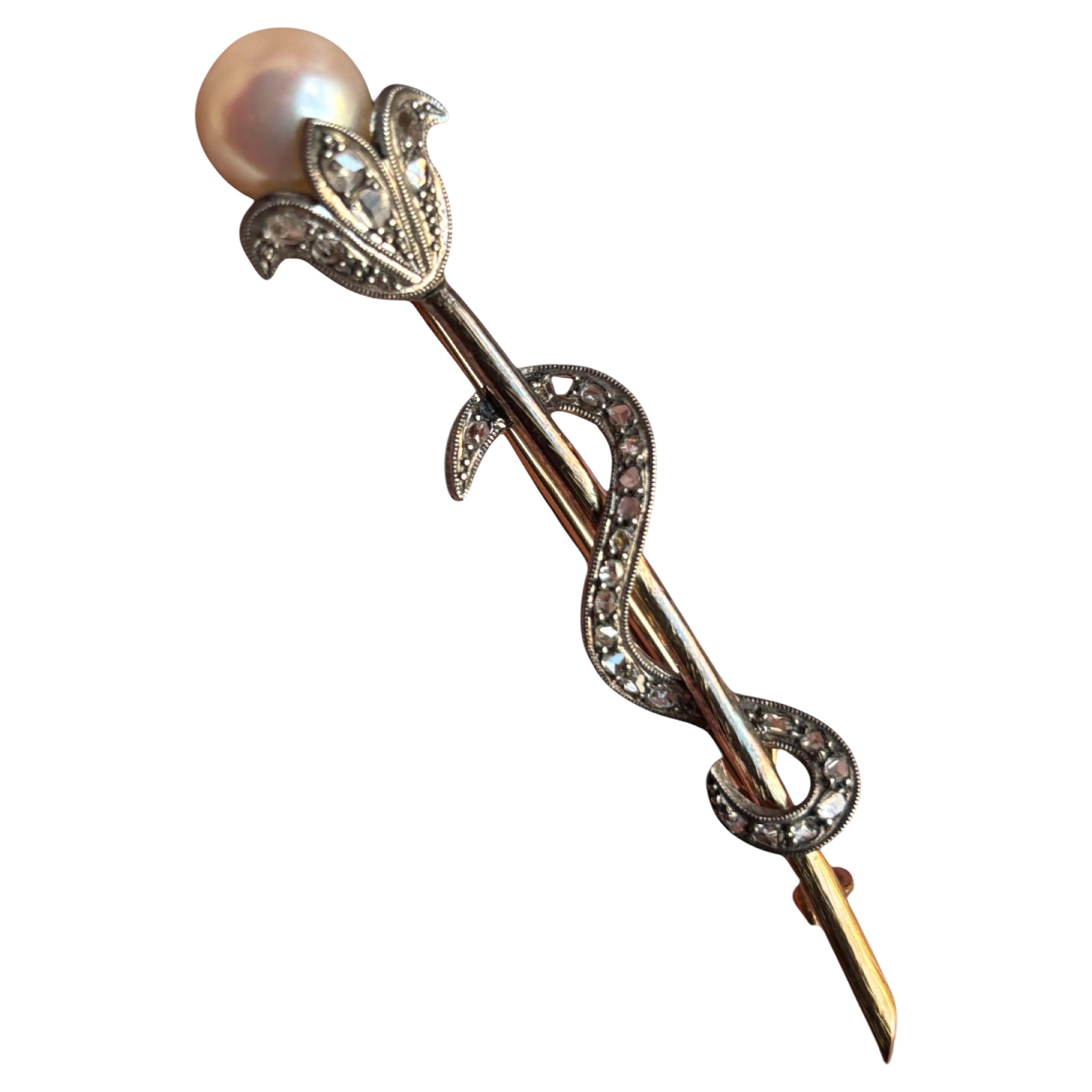 Antique Victorian Pearl and Diamond Flower Head, Snake Brooch. Circa 1890–1910