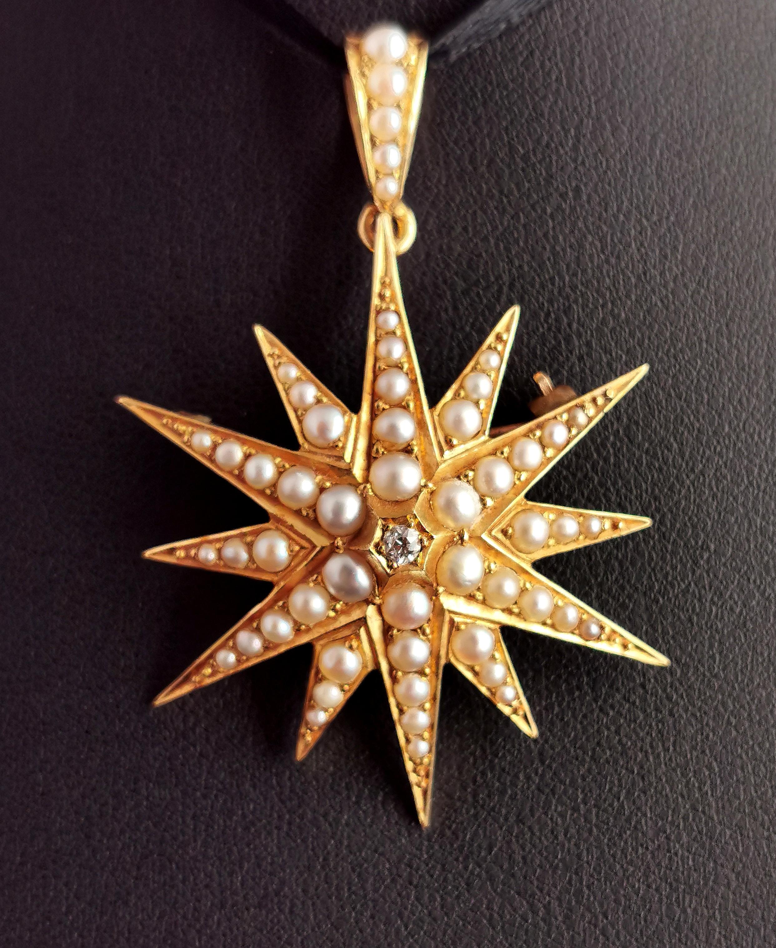 Antique Pearl and Diamond Star Pendant Brooch, 18k Yellow Gold, Victorian, Boxed 8