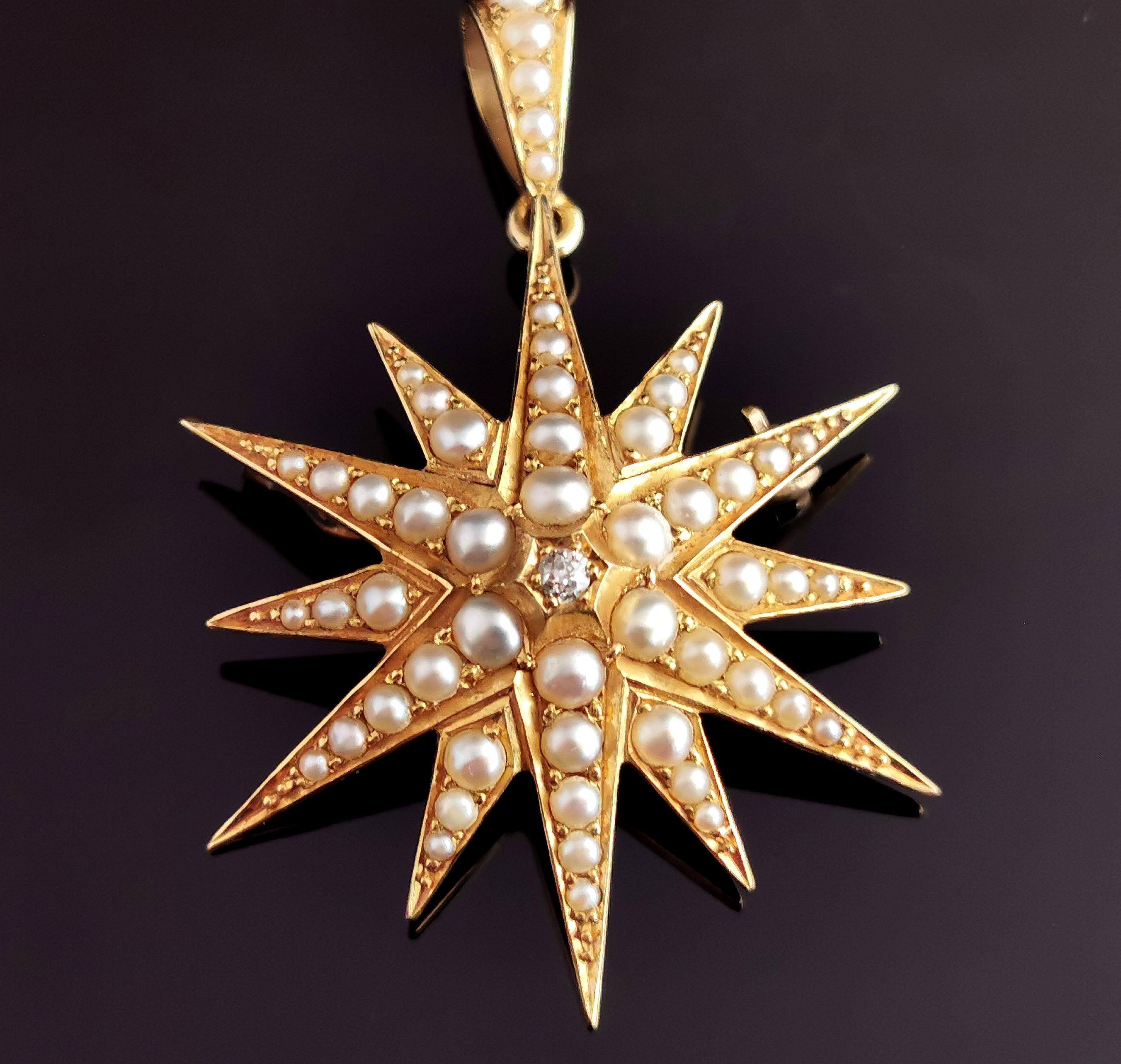 Antique Pearl and Diamond Star Pendant Brooch, 18k Yellow Gold, Victorian, Boxed 13