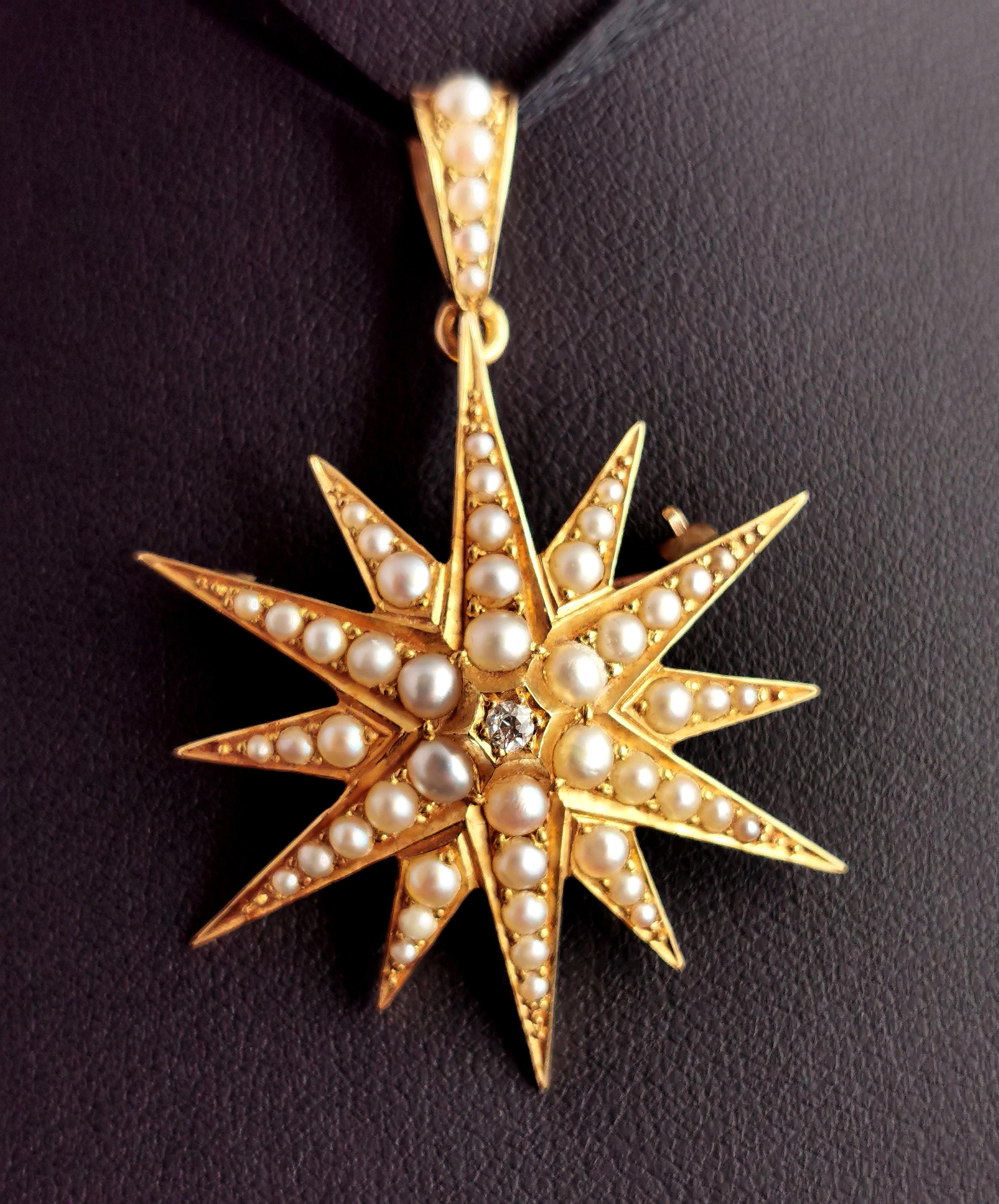 An absolutely stunning Victorian pearl and diamond star pendant brooch.

Such an elegant and timeless design the star has been a popular motif in jewellery for many centuries and the Victorian era saw a huge rise in popularity for all celestial