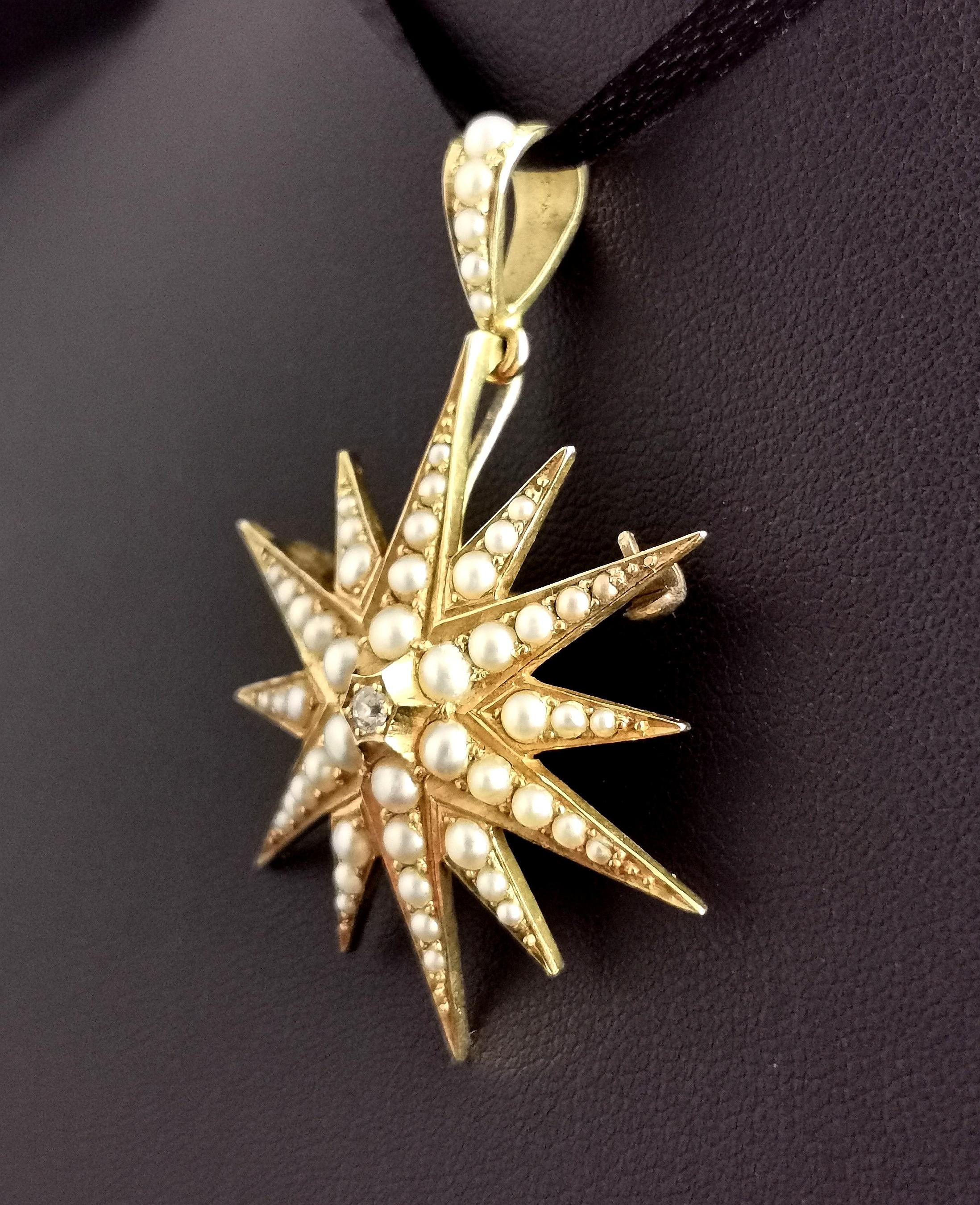 Antique Pearl and Diamond Star Pendant Brooch, 18k Yellow Gold, Victorian, Boxed 3