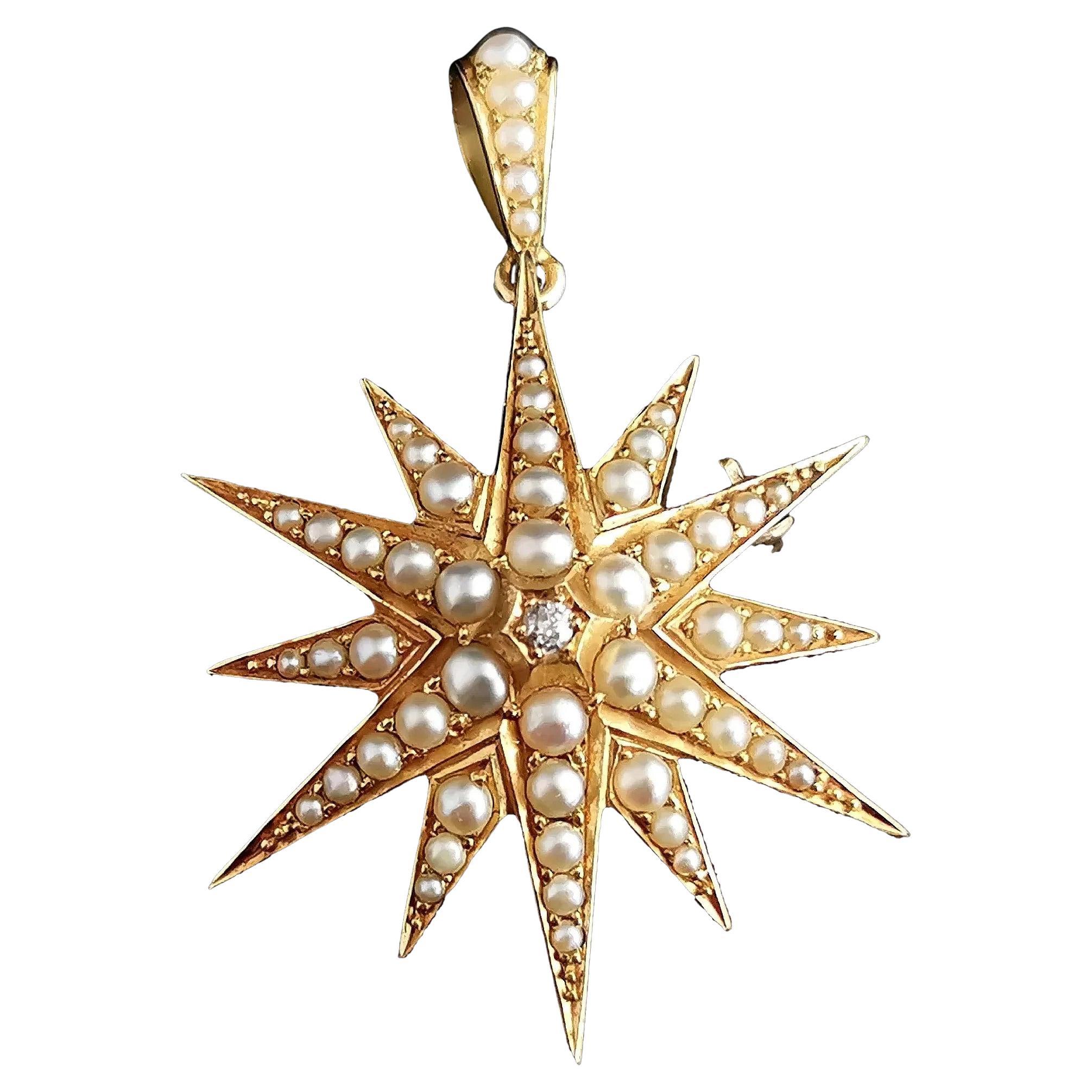 Antique Pearl and Diamond Star Pendant Brooch, 18k Yellow Gold, Victorian, Boxed