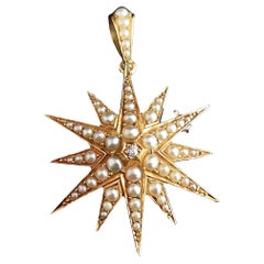 Antique Pearl and Diamond Star Pendant Brooch, 18k Yellow Gold, Victorian, Boxed