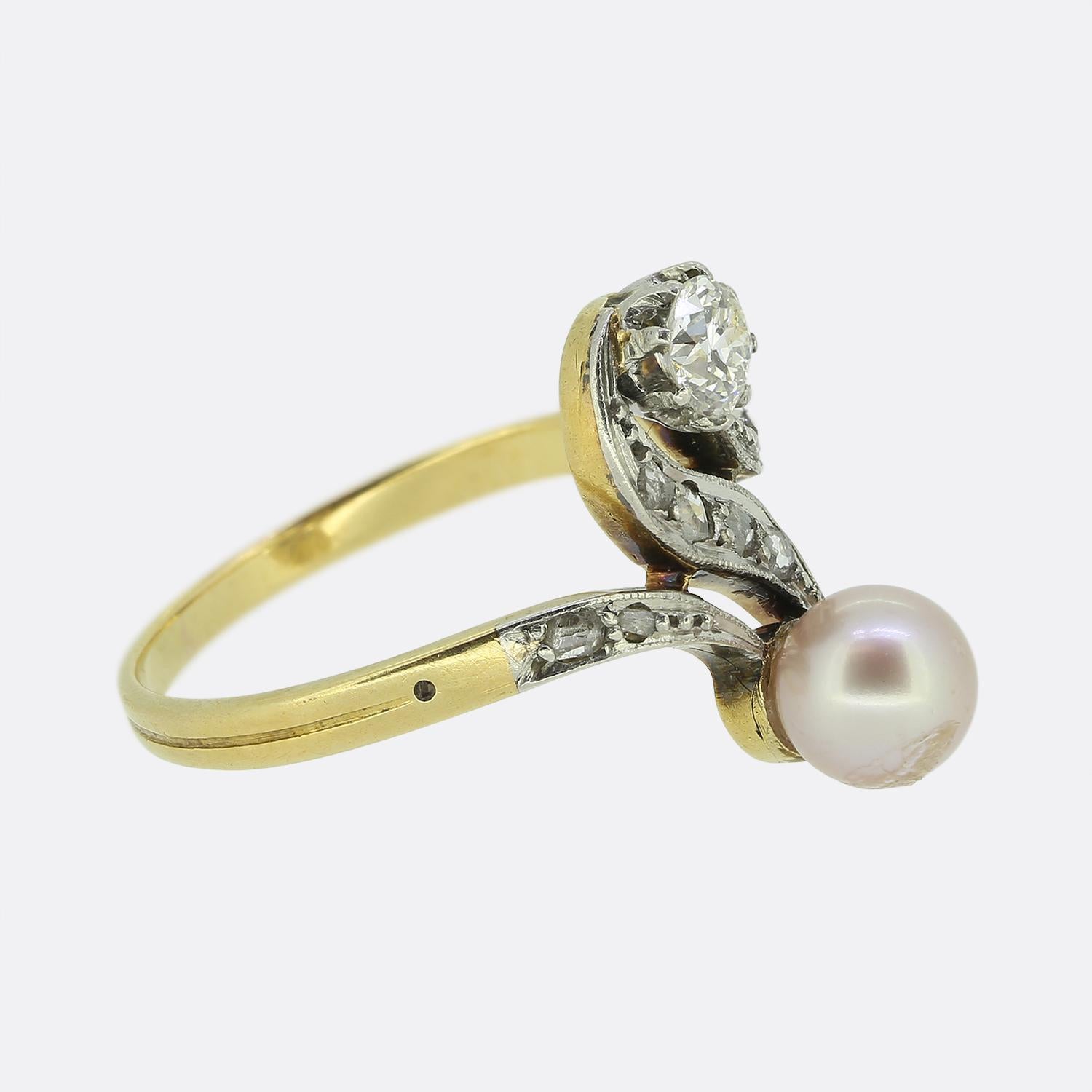 Round Cut Antique Pearl and Diamond Swirl Ring For Sale