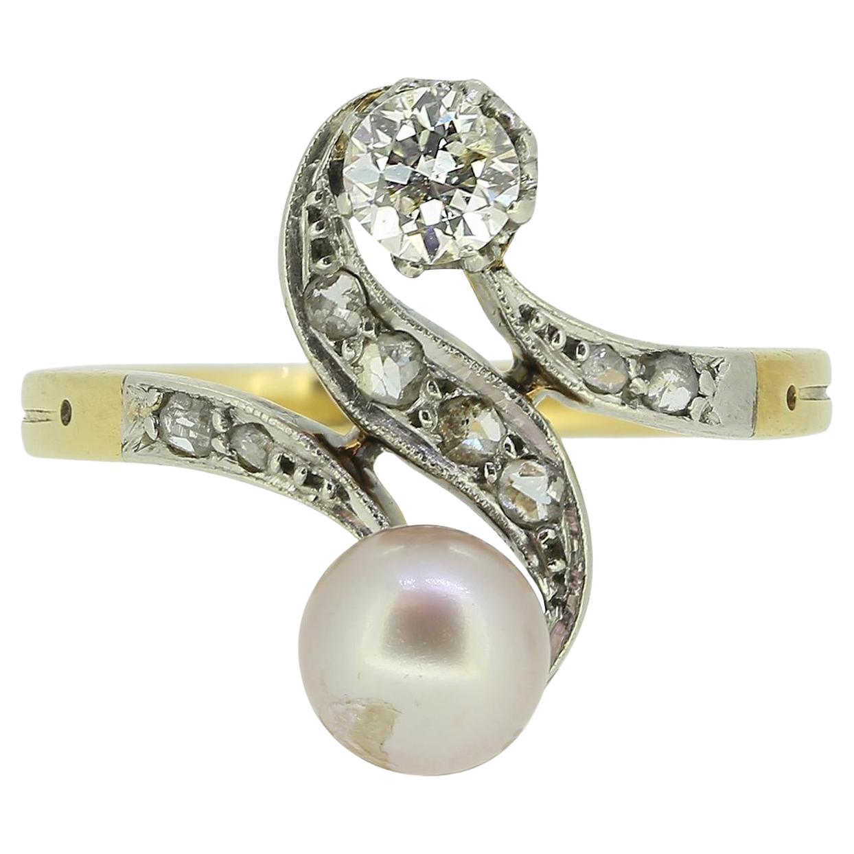 Antique Pearl and Diamond Swirl Ring For Sale