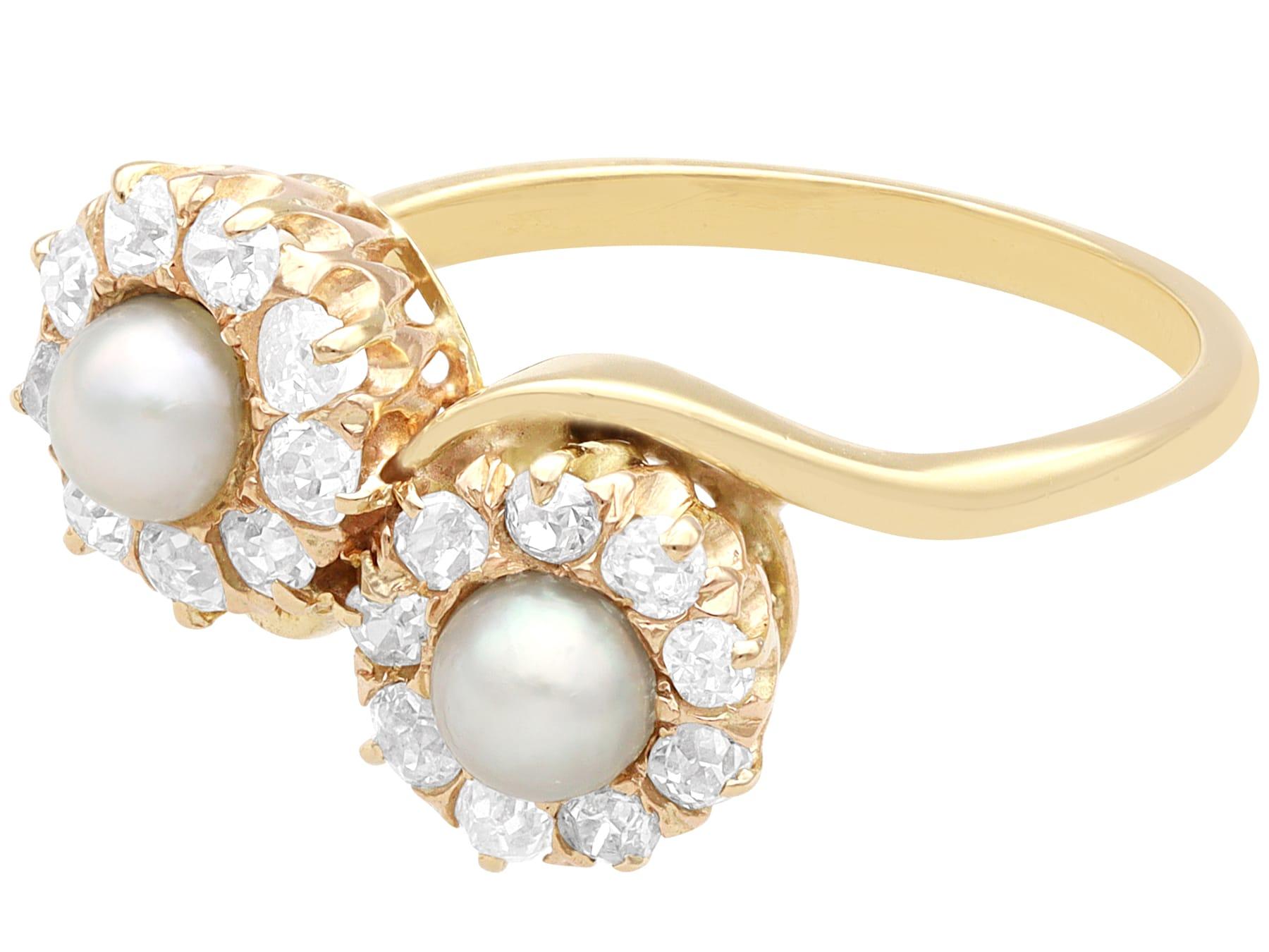 A stunning, fine and impressive 0.97 carat diamond and pearl, 18 karat yellow gold twist ring; part of our antique jewelry collections.

This stunning antique pearl and diamond ring has been crafted in 18k yellow gold.

The pierced decorated design