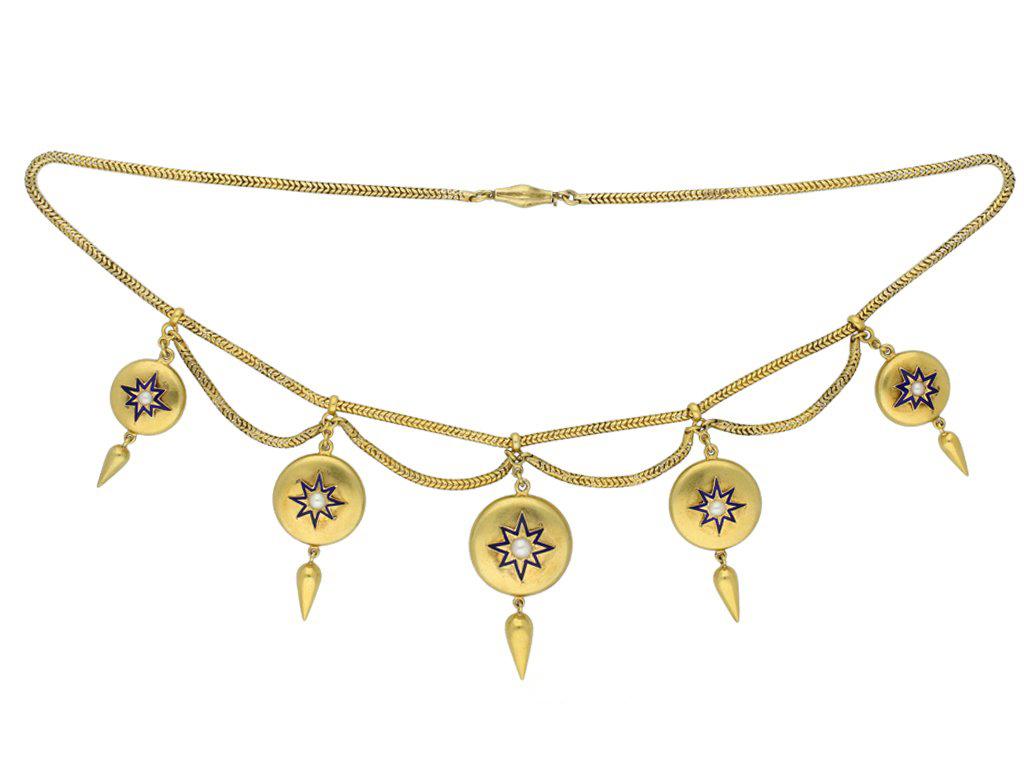 Antique pearl and enamel necklace. A yellow gold necklace, suspending five graduating circular lockets, each set to centre with a round natural unenhanced seed pearl in a closed back grain setting, surrounded by a raised eight pointed star motif,