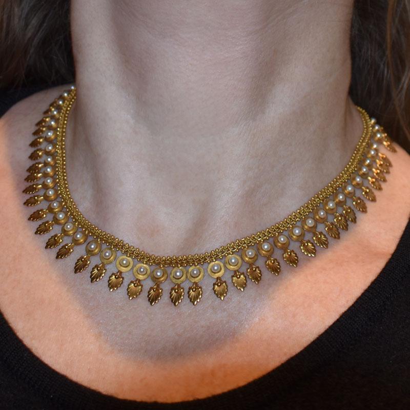 Women's Antique Pearl and Gold Etruscan Style Fringe Necklace, Circa 1875