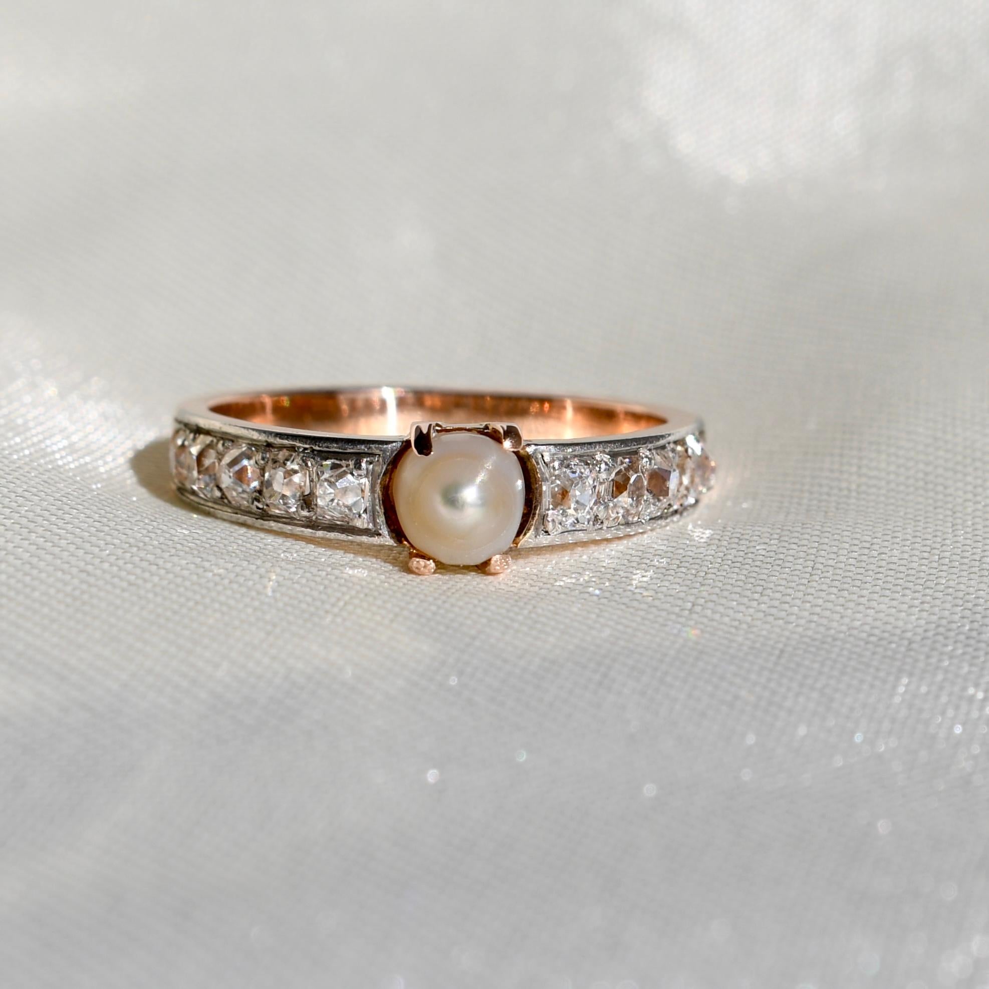 Art Nouveau Antique pearl and old mine cut diamond band ring, France around 1900  For Sale