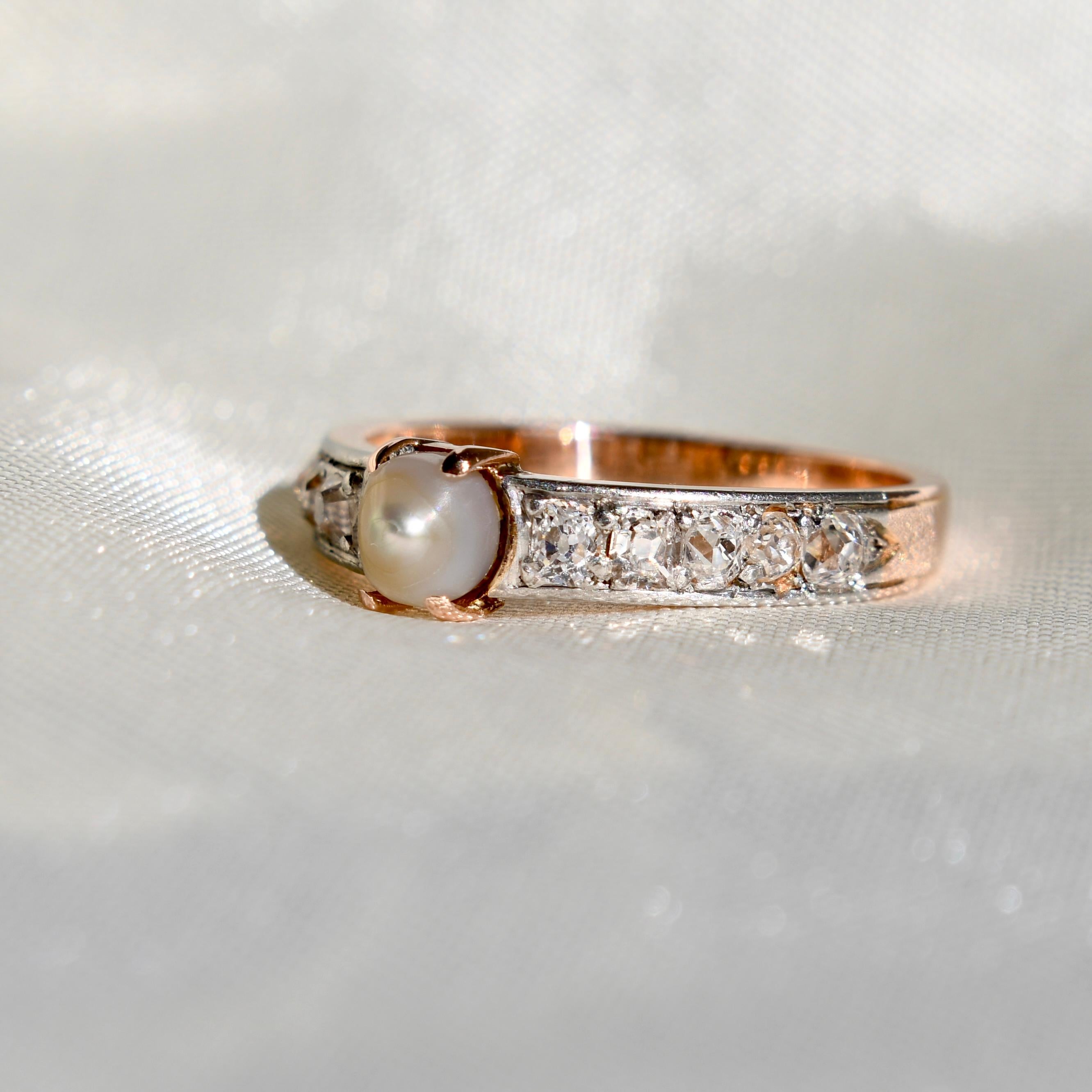 Old Mine Cut Antique pearl and old mine cut diamond band ring, France around 1900  For Sale