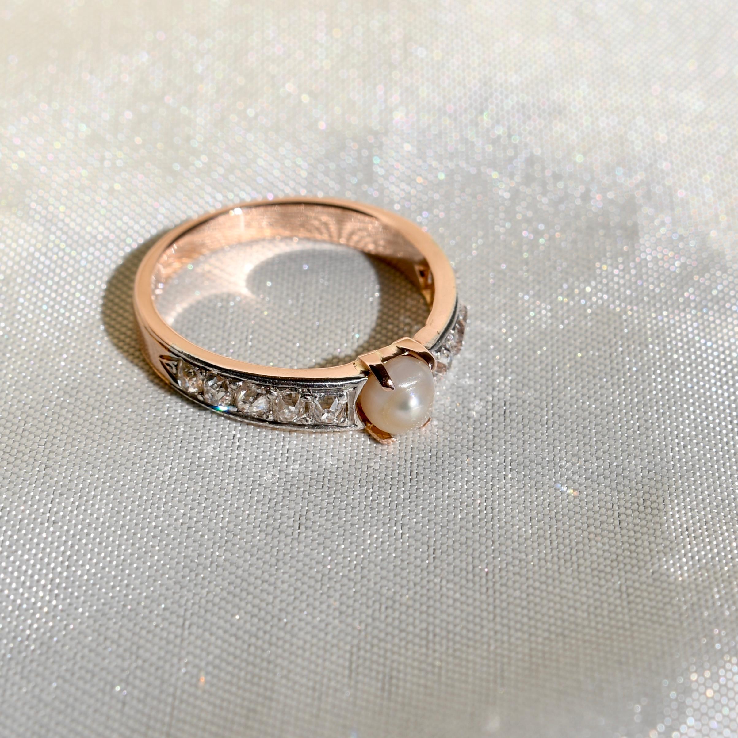 Antique pearl and old mine cut diamond band ring, France around 1900  In Good Condition For Sale In Magdeburg, DE