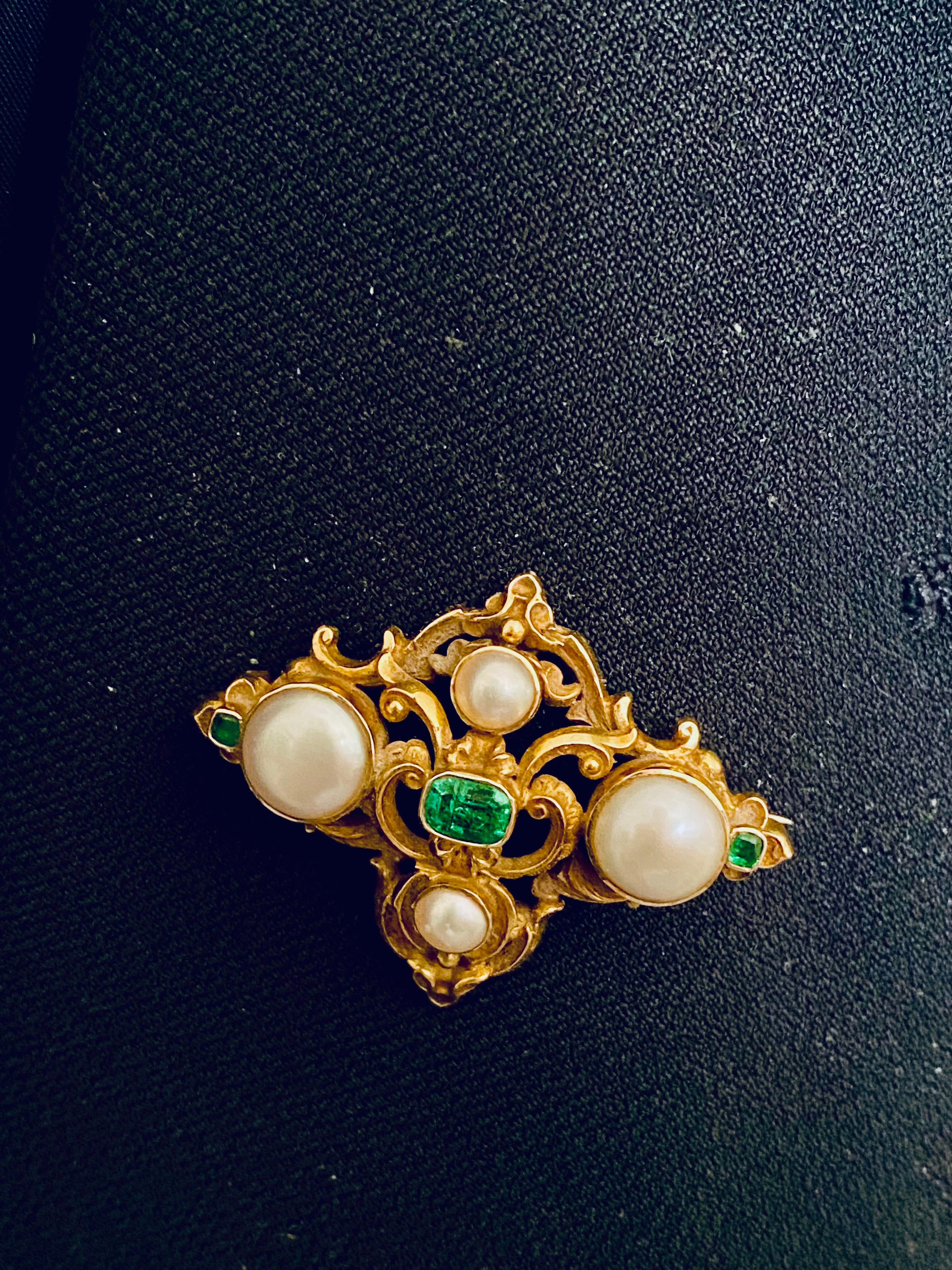 Romantic Antique Pearl and Old Mine Emerald Brooch Late 19 Century