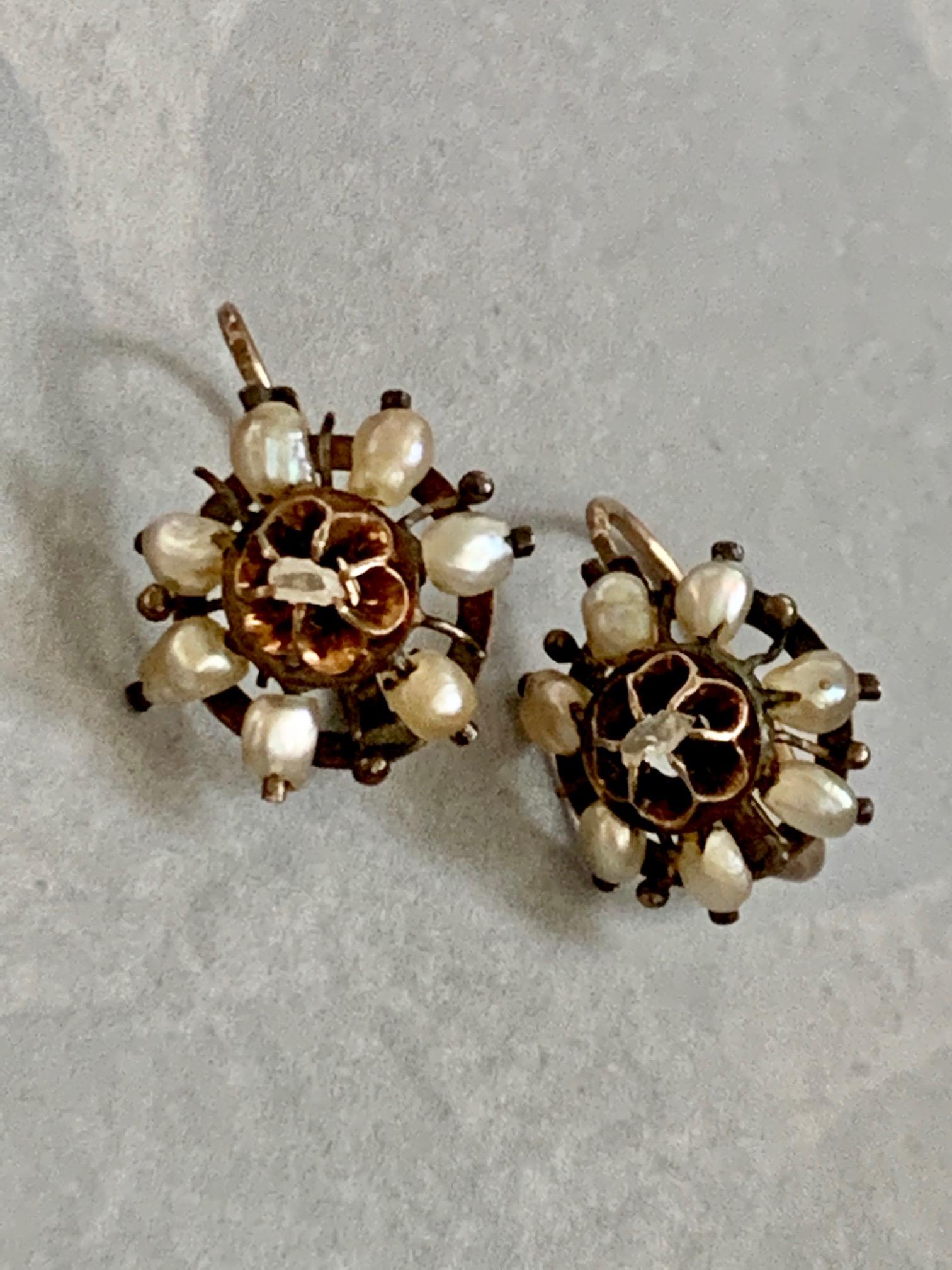 Antique Pearl and Rose Cut Diamond 9 Karat Yellow Front Hook Closure Earrings 2