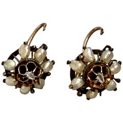 Antique Pearl and Rose Cut Diamond 9 Karat Yellow Front Hook Closure Earrings