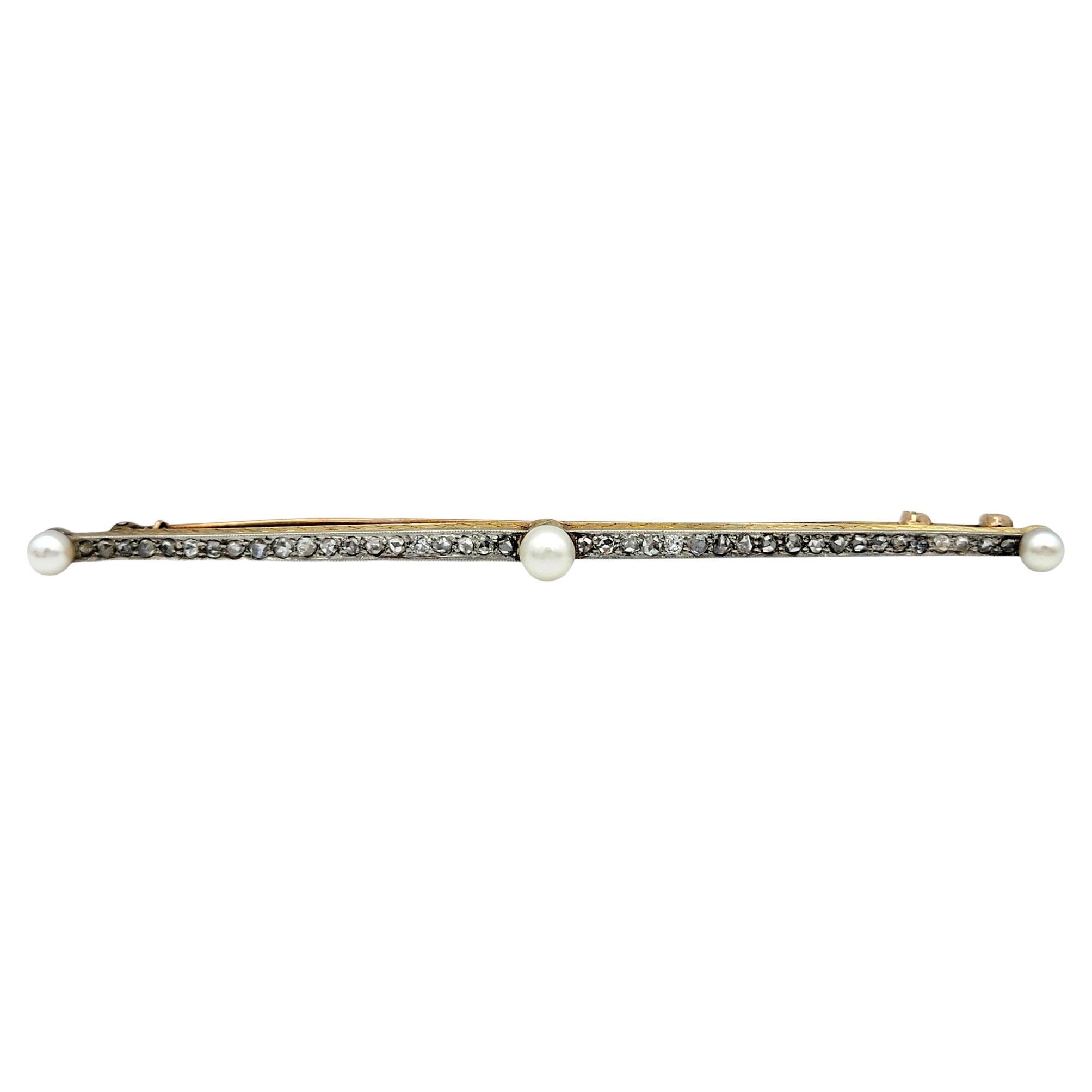 Antique Pearl and Rose Cut Diamond Bar Brooch in 18 Karat Gold and Platinum
