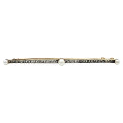 Antique Pearl and Rose Cut Diamond Bar Brooch in 18 Karat Gold and Platinum