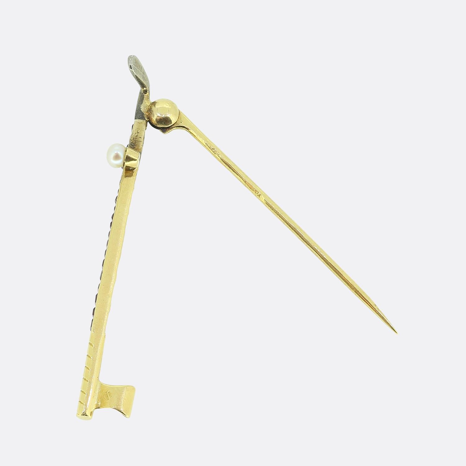Round Cut Antique Pearl and Ruby Golf Club Brooch For Sale
