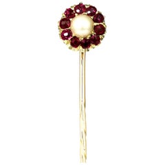 Antique Pearl and Ruby Stick Pin/Tie Pin in 9 Carat Yellow Gold