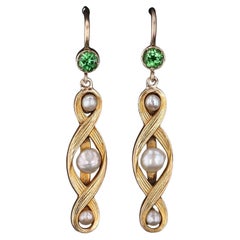Antique Pearl and Tsavorite Garnet Earrings of 14k Gold