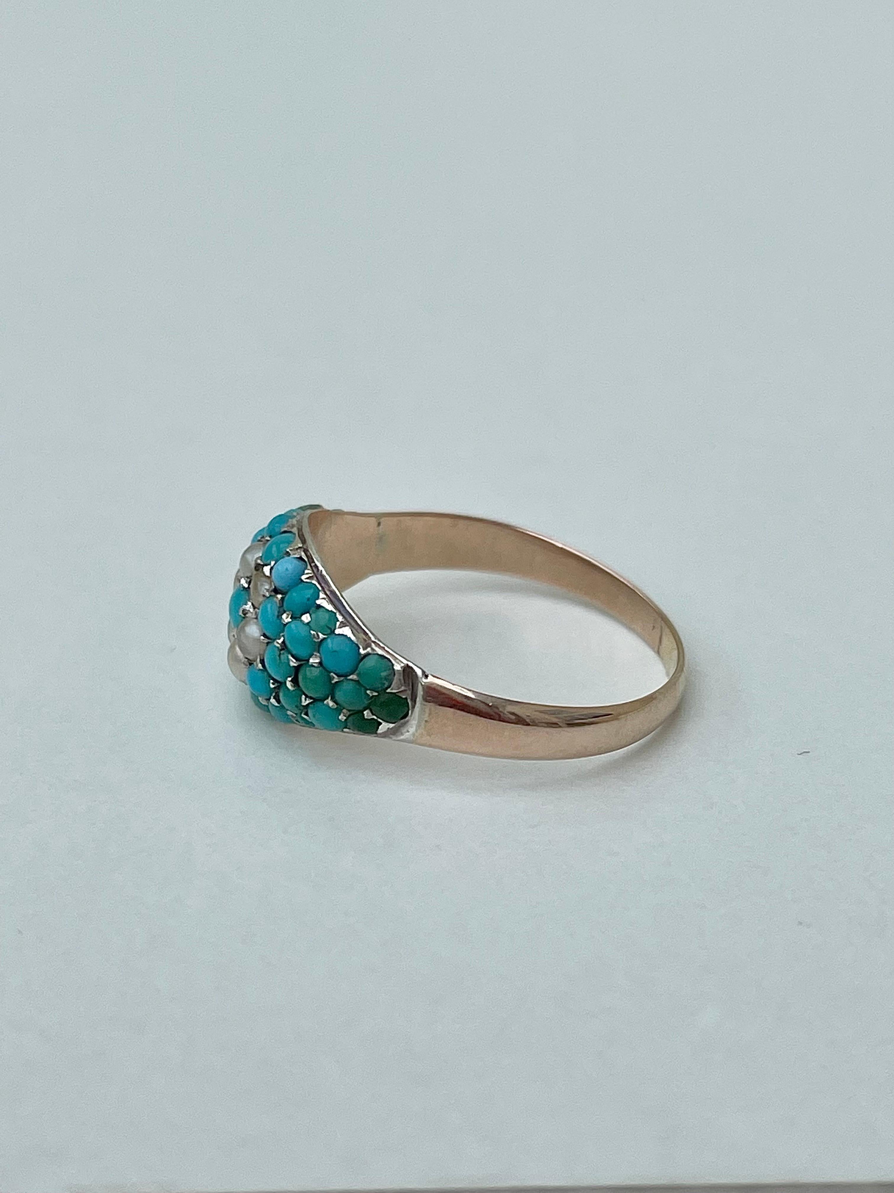 Antique Pearl and Turquoise Yellow Gold Ring 

darling turquoise and pearl small stones, so sweet 

The item comes without the box in the photos but will be presented in a  gift box

Measurements: weight 2.04g, size UK L1/2, head of ring 14.4mm x
