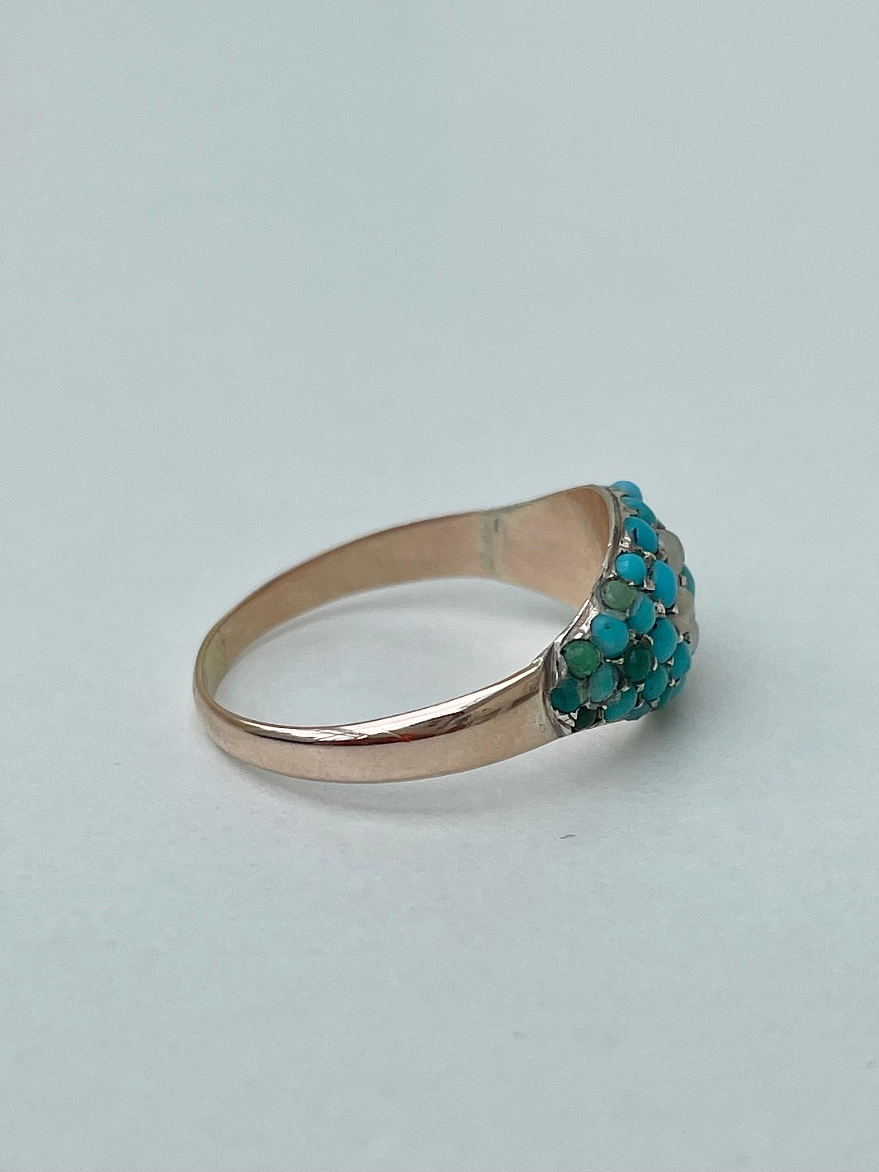 Bead Antique Pearl and Turquoise bombe Yellow Gold Ring  For Sale