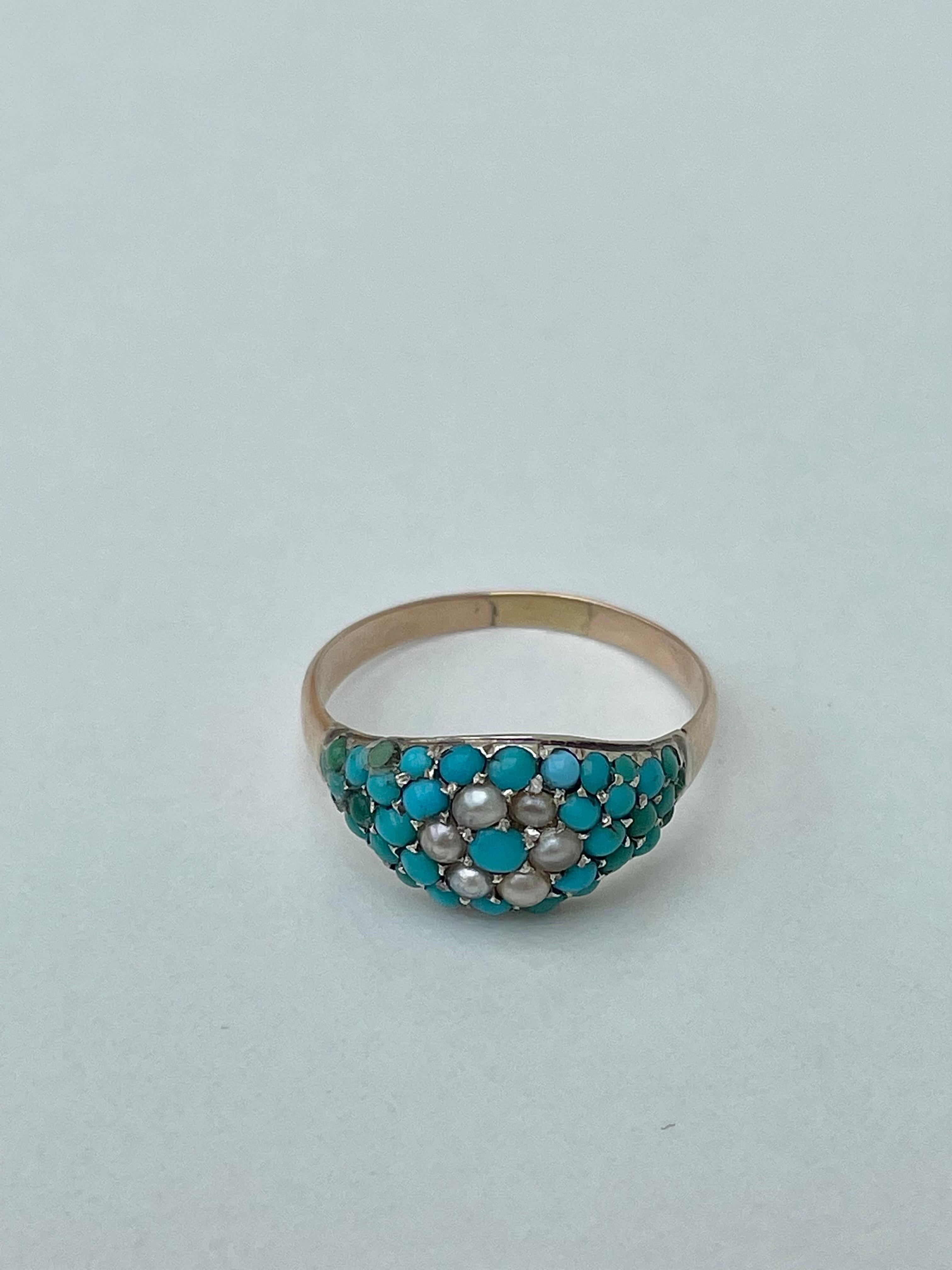Antique Pearl and Turquoise bombe Yellow Gold Ring  In Good Condition For Sale In Chipping Campden, GB