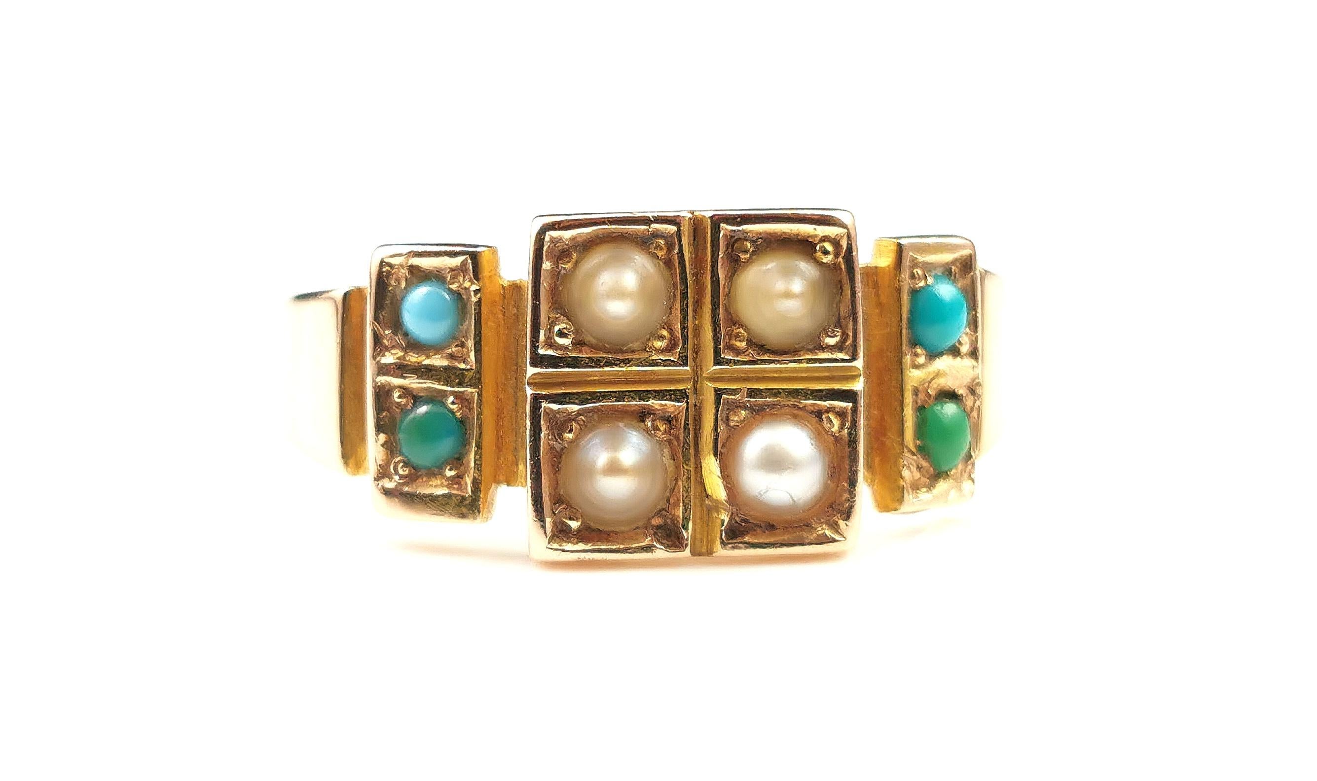Antique Pearl and Turquoise Ring 15k Yellow Gold, Victorian 6