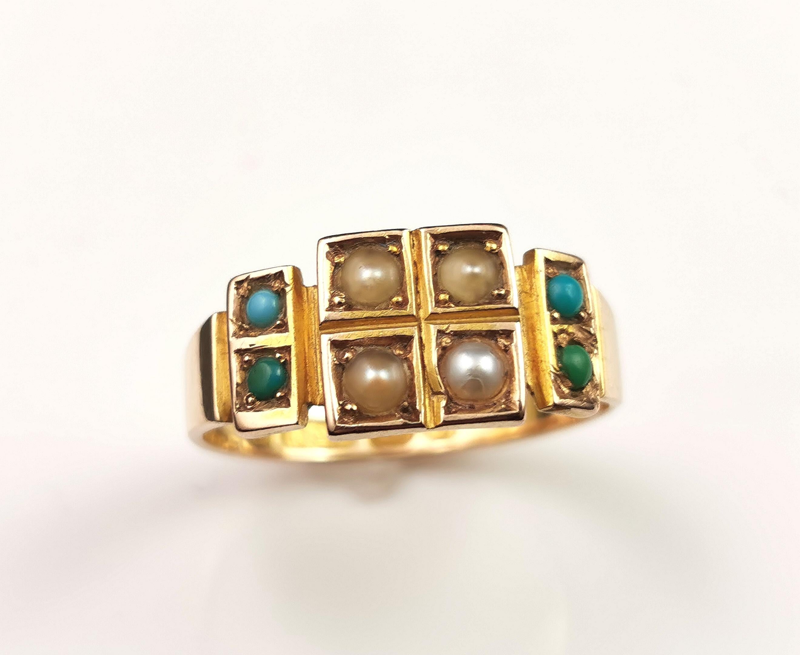 Antique Pearl and Turquoise Ring 15k Yellow Gold, Victorian 7