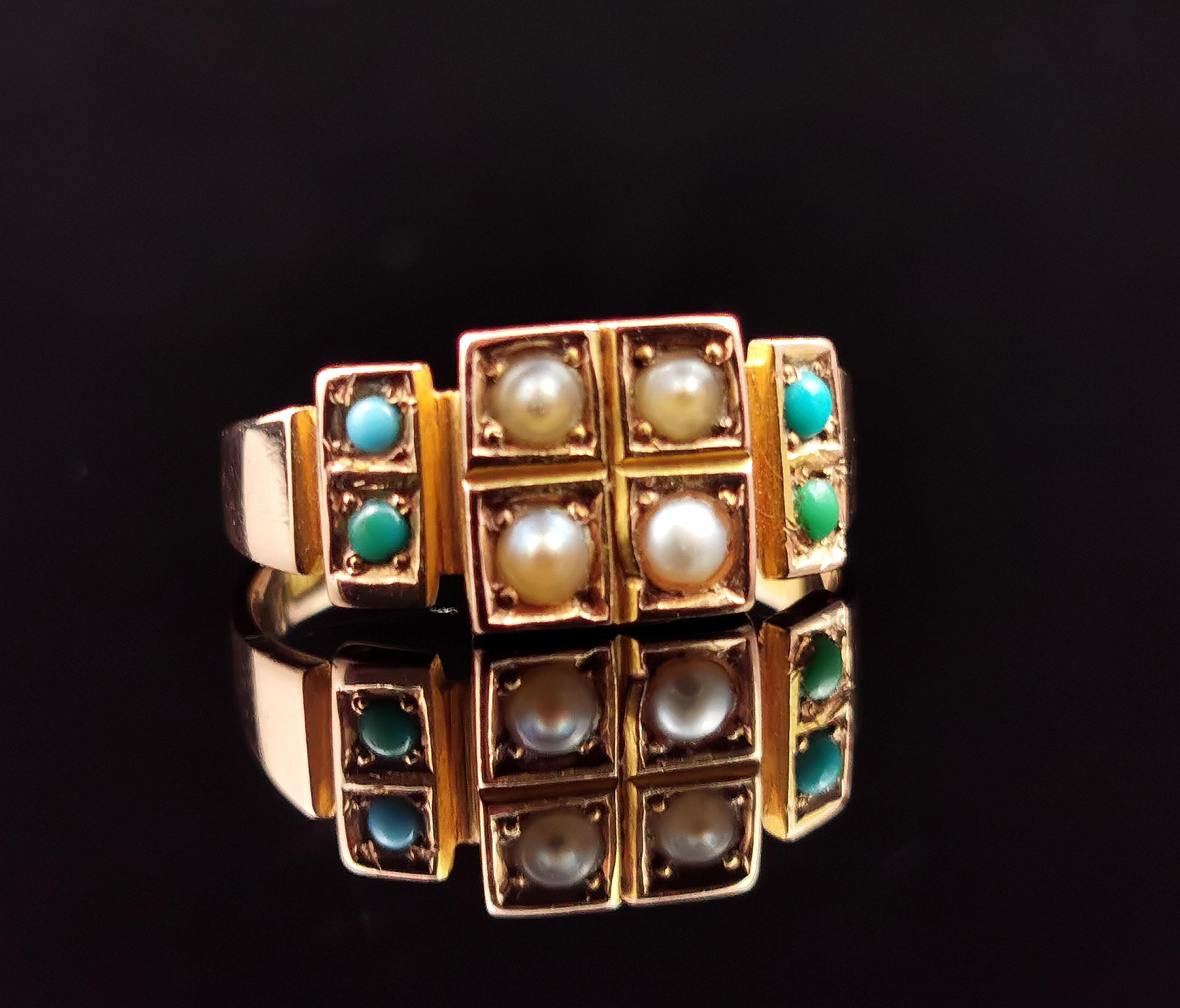 A beautiful antique, late Victorian Turquoise and pearl ring in 15kt yellow gold.

This ring has an unusual design and is truly a perfect combination of vibrant turquoise and creamy seed pearl.

It is set in rich 15kt yellow gold with four pearls