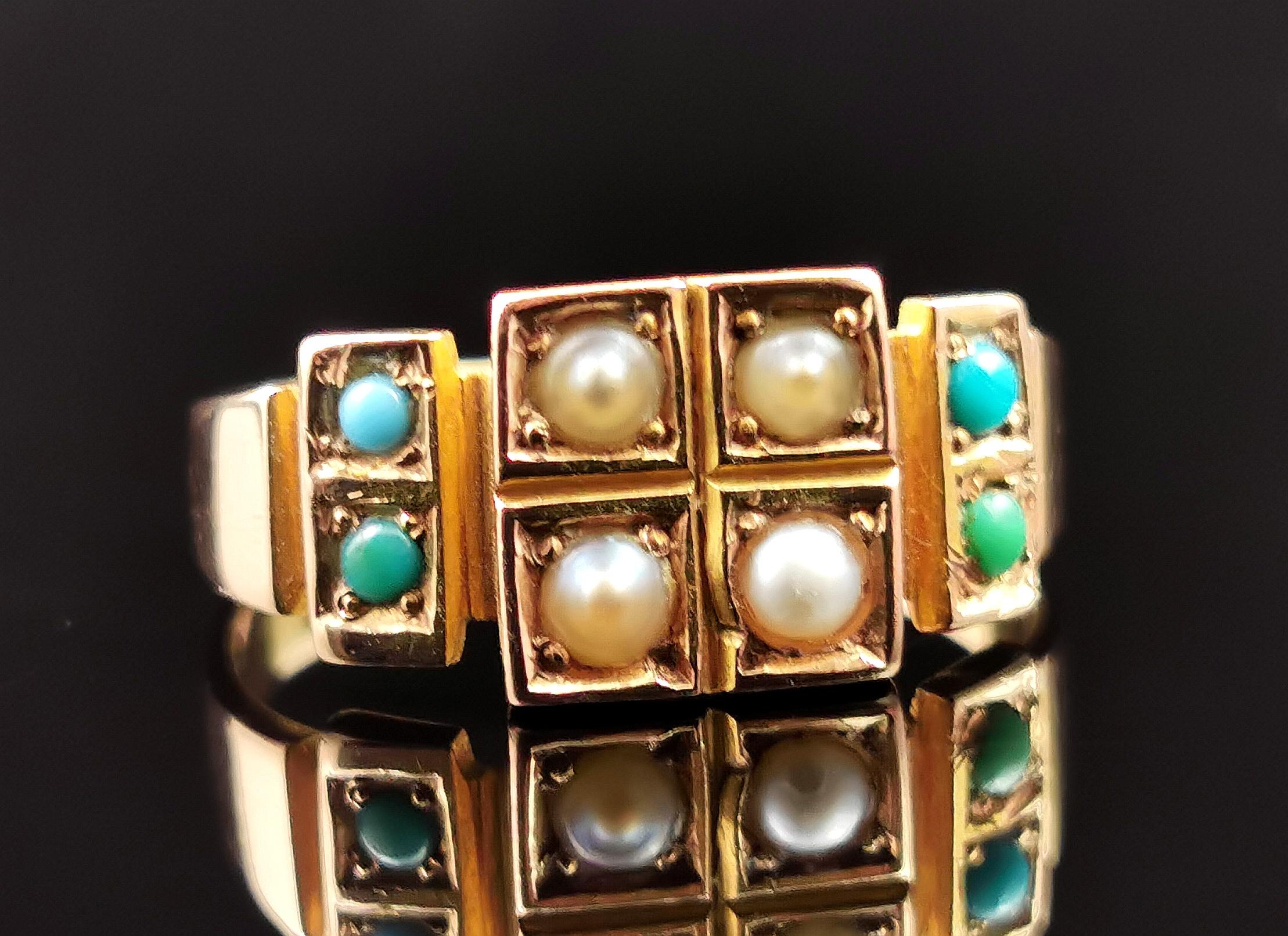 Cabochon Antique Pearl and Turquoise Ring 15k Yellow Gold, Victorian