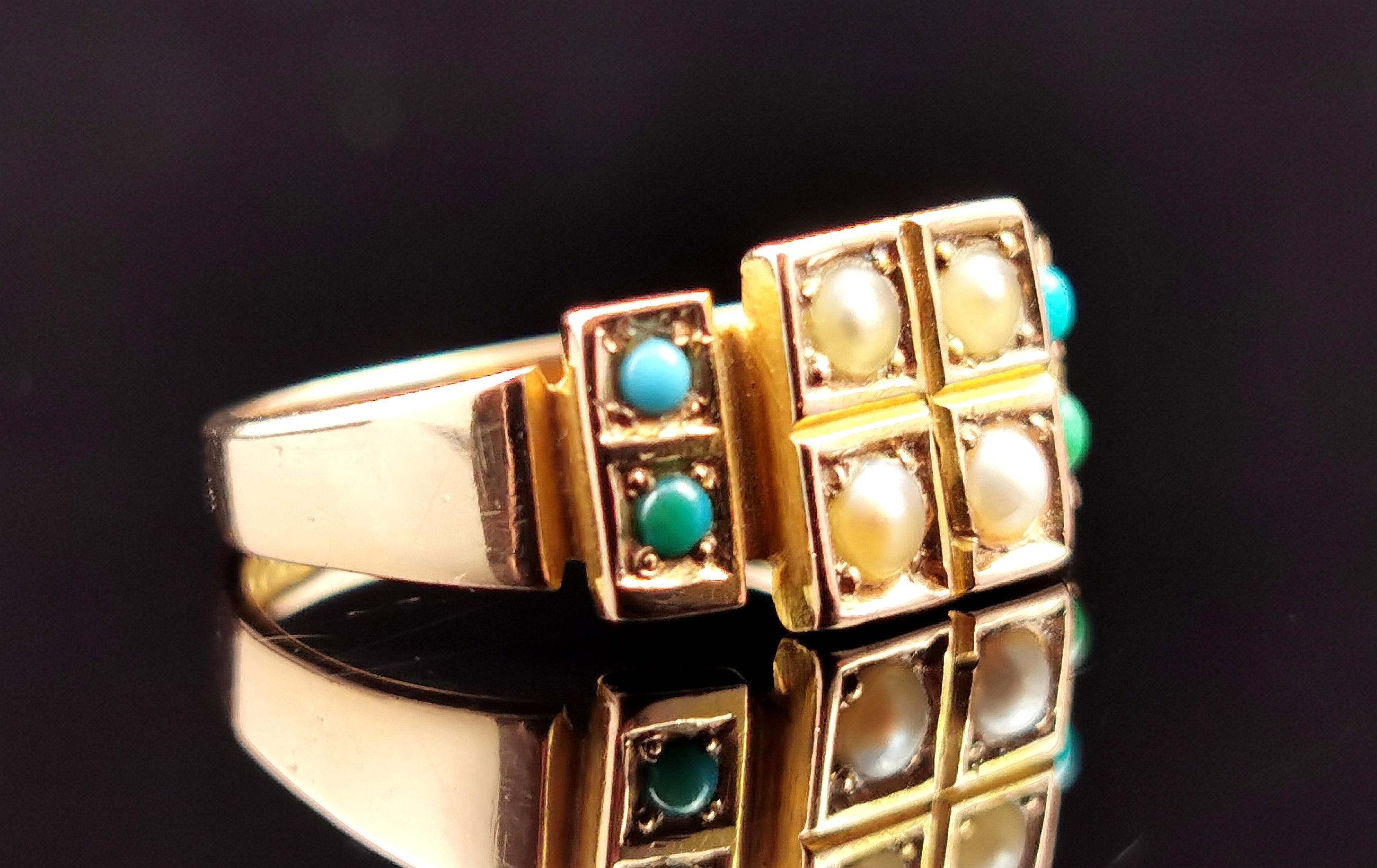 Antique Pearl and Turquoise Ring 15k Yellow Gold, Victorian In Fair Condition In NEWARK, GB