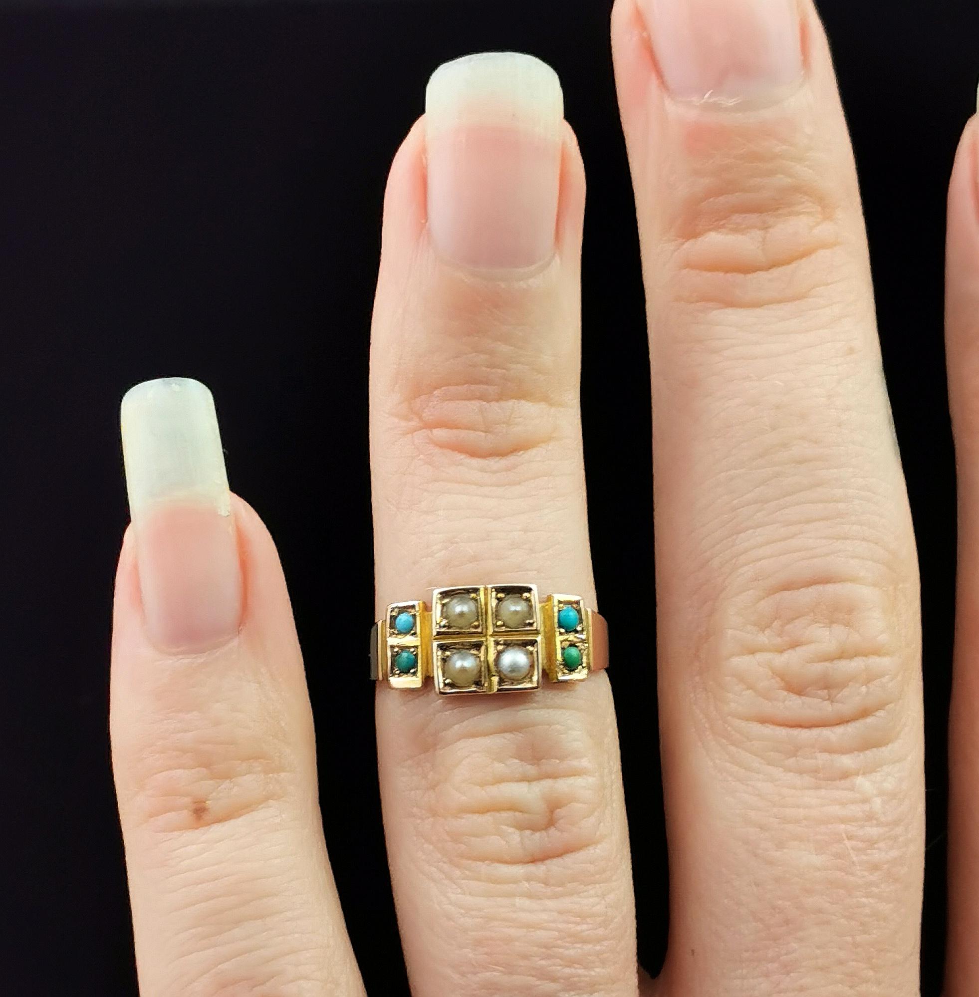 Women's Antique Pearl and Turquoise Ring 15k Yellow Gold, Victorian