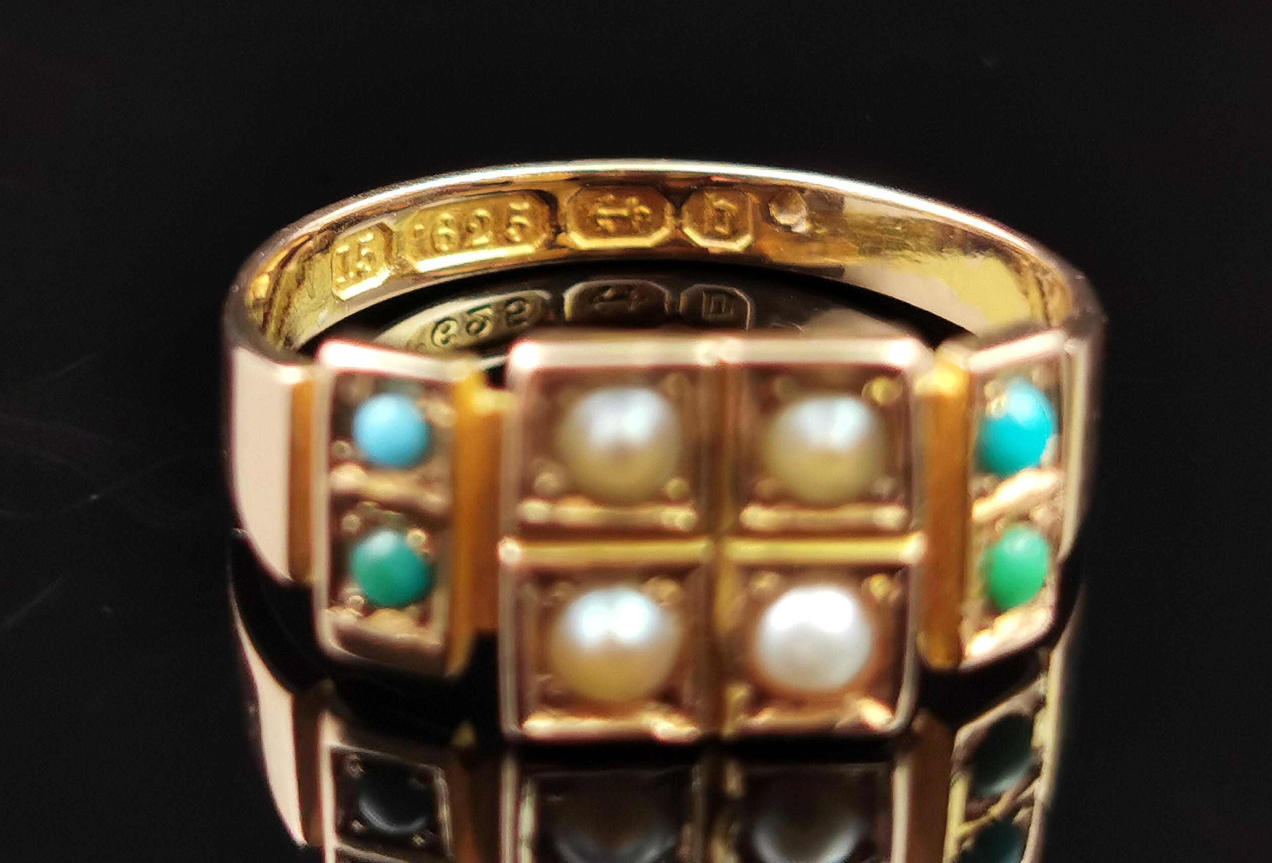 Antique Pearl and Turquoise Ring 15k Yellow Gold, Victorian 2