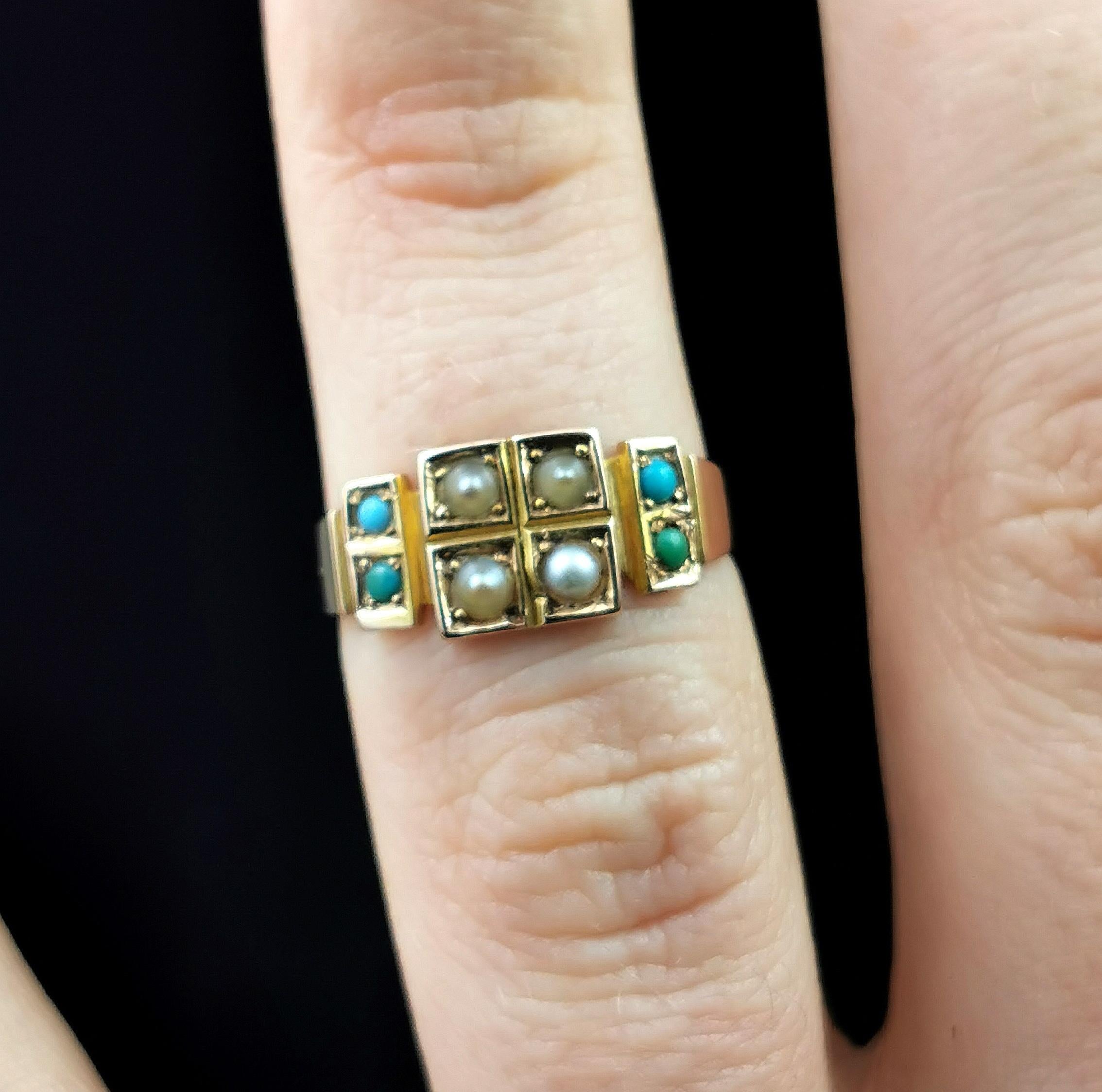 Antique Pearl and Turquoise Ring 15k Yellow Gold, Victorian 4