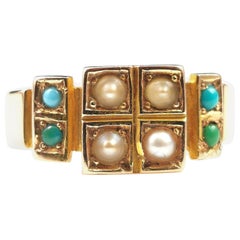 Antique Pearl and Turquoise Ring 15k Yellow Gold, Victorian