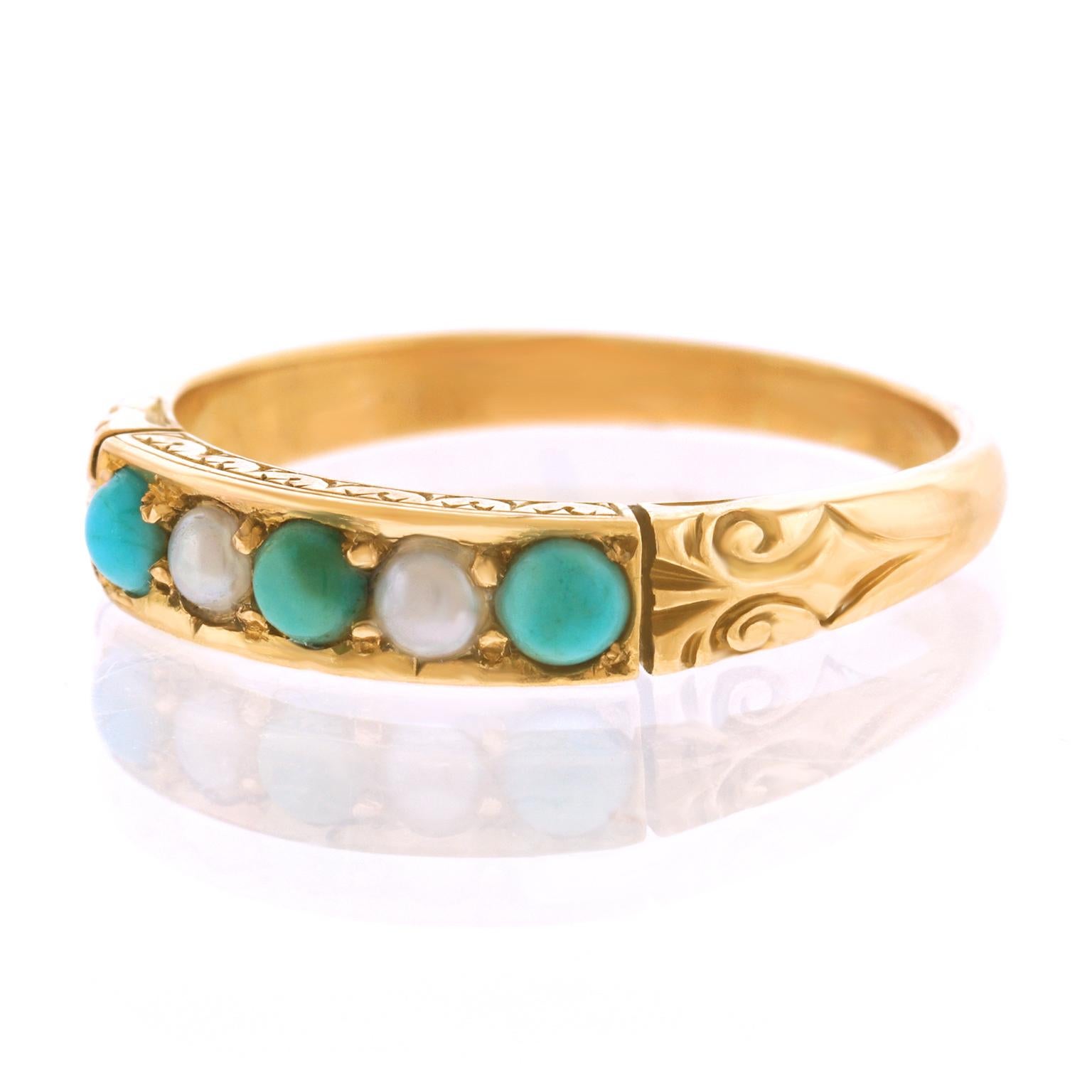 Victorian Antique Pearl and Turquoise Set Gold Ring