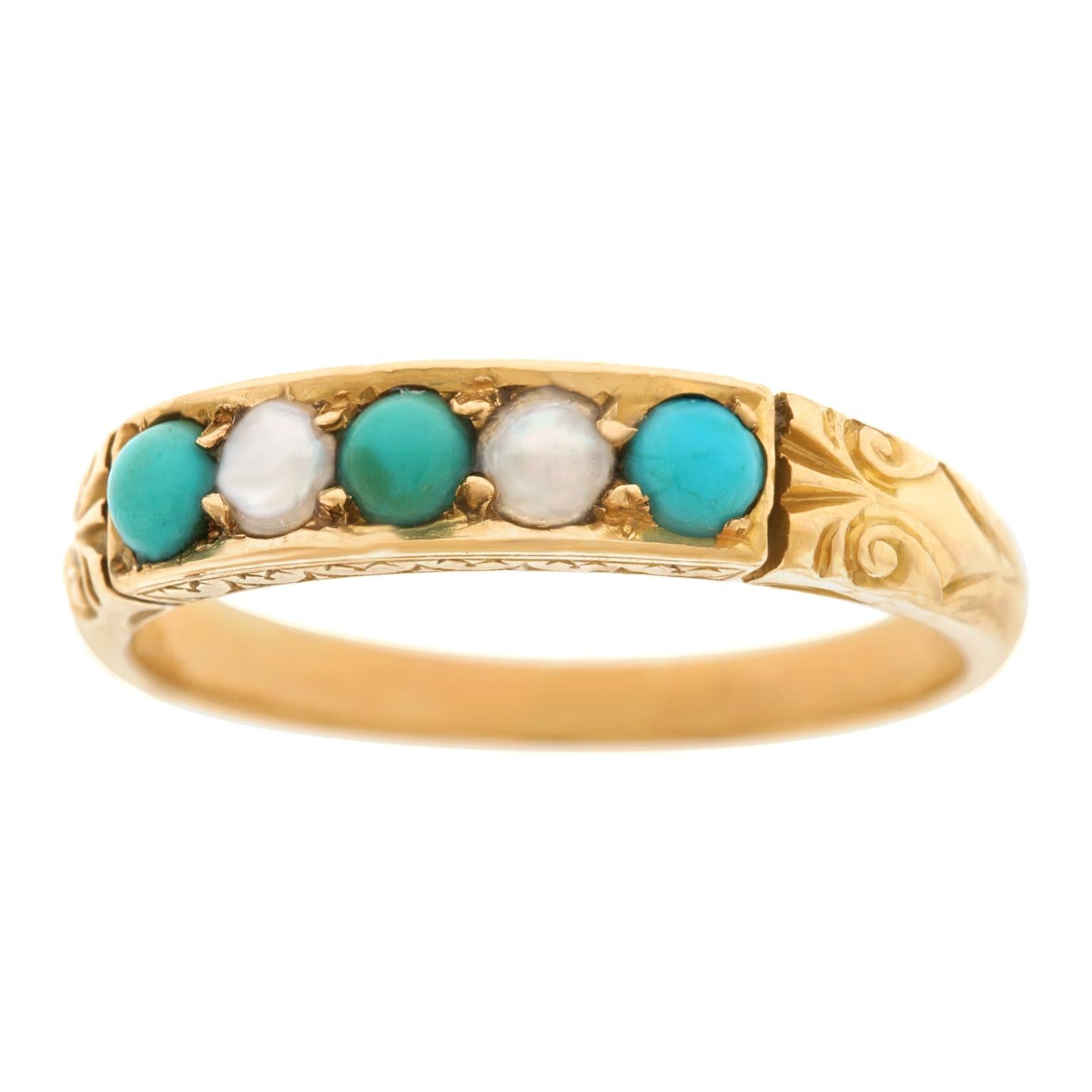 Antique Pearl and Turquoise Set Gold Ring