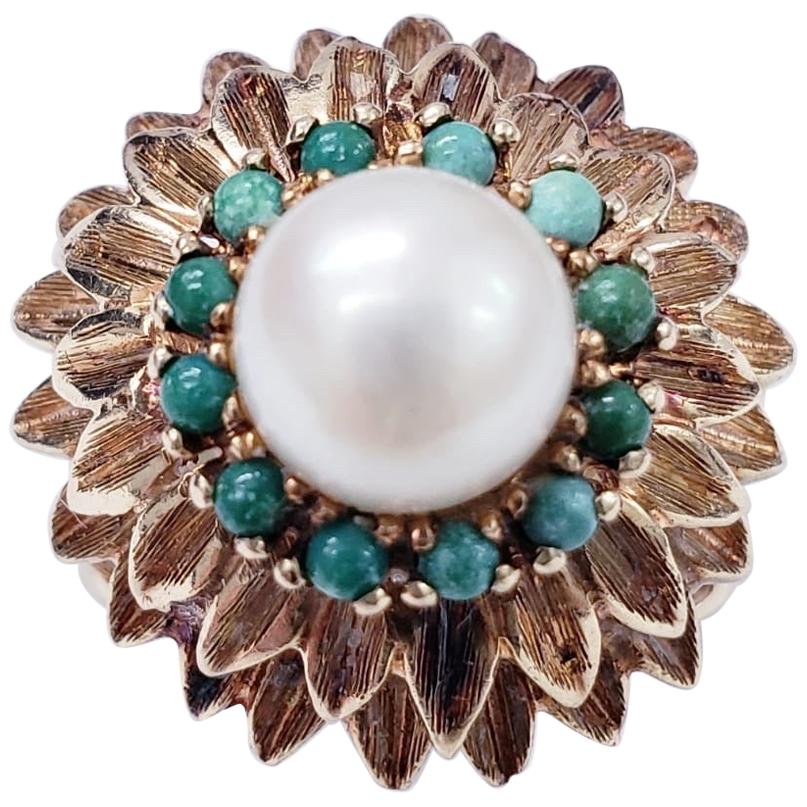 Antique Pearl and Turquoise Sunflower Design Cocktail Ring