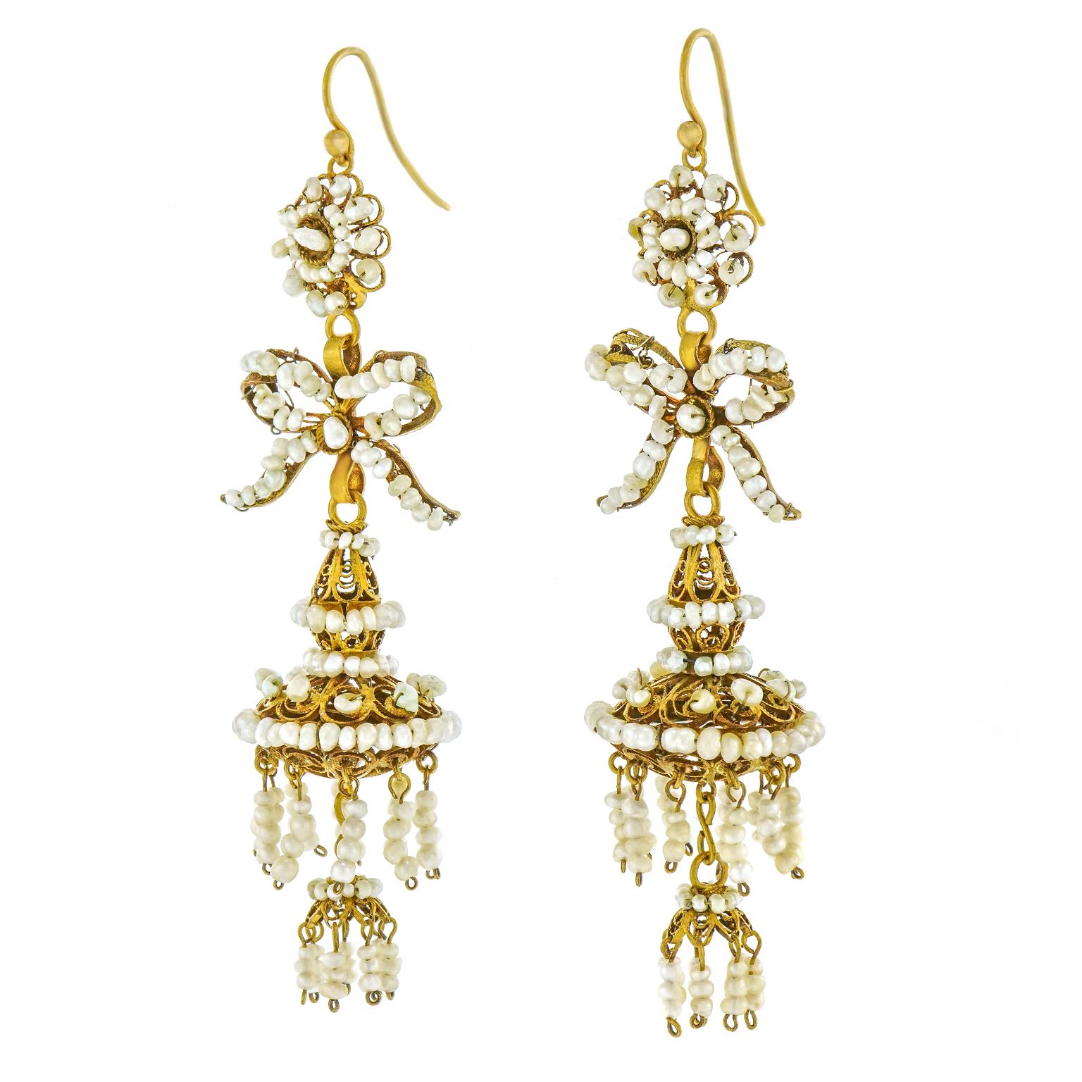 Baroque Revival Antique Pearl Chandelier Earrings circa 1870s Iberian For Sale