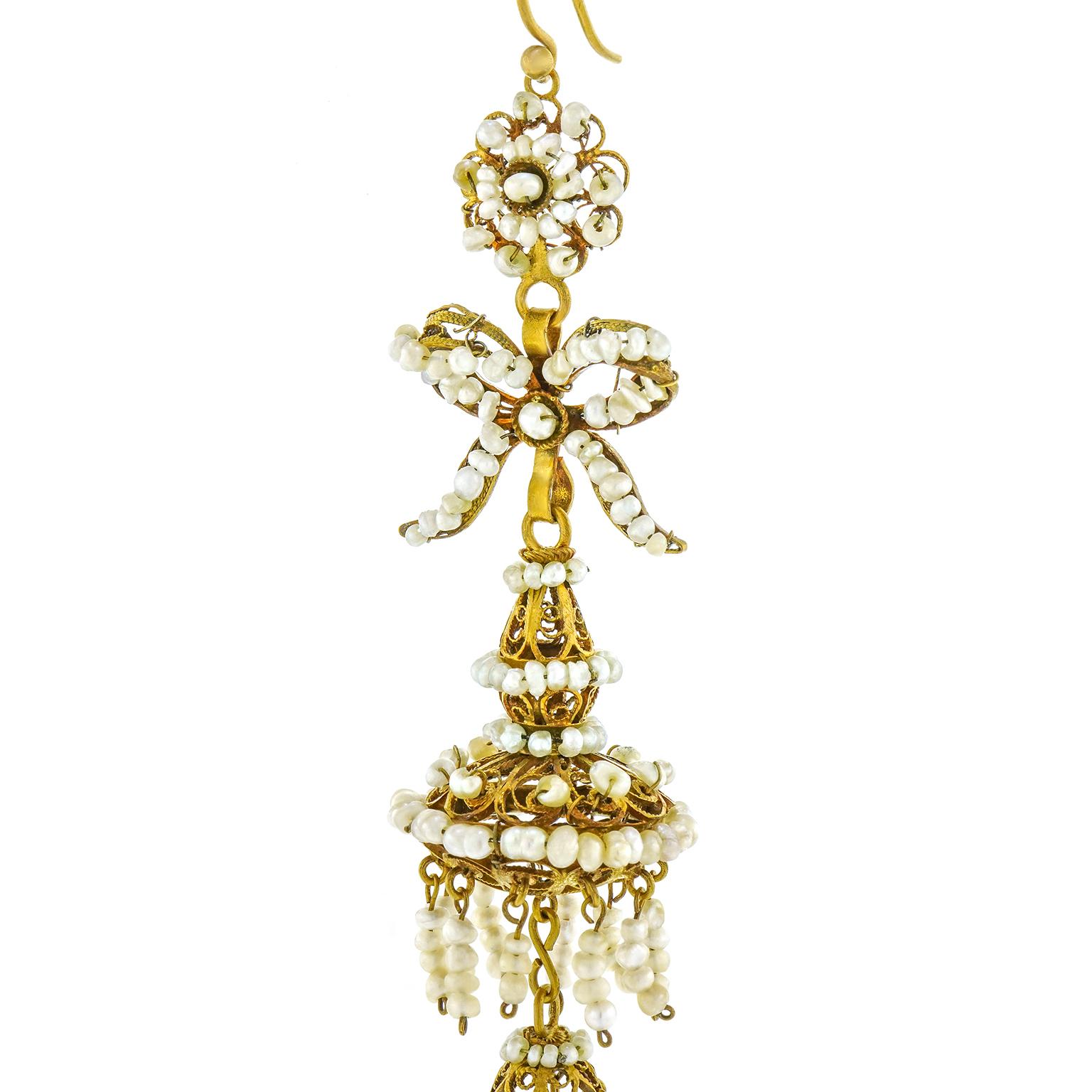 Antike Perle Kronleuchter Ohrringe c1870s iberischen im Zustand „Hervorragend“ im Angebot in Litchfield, CT